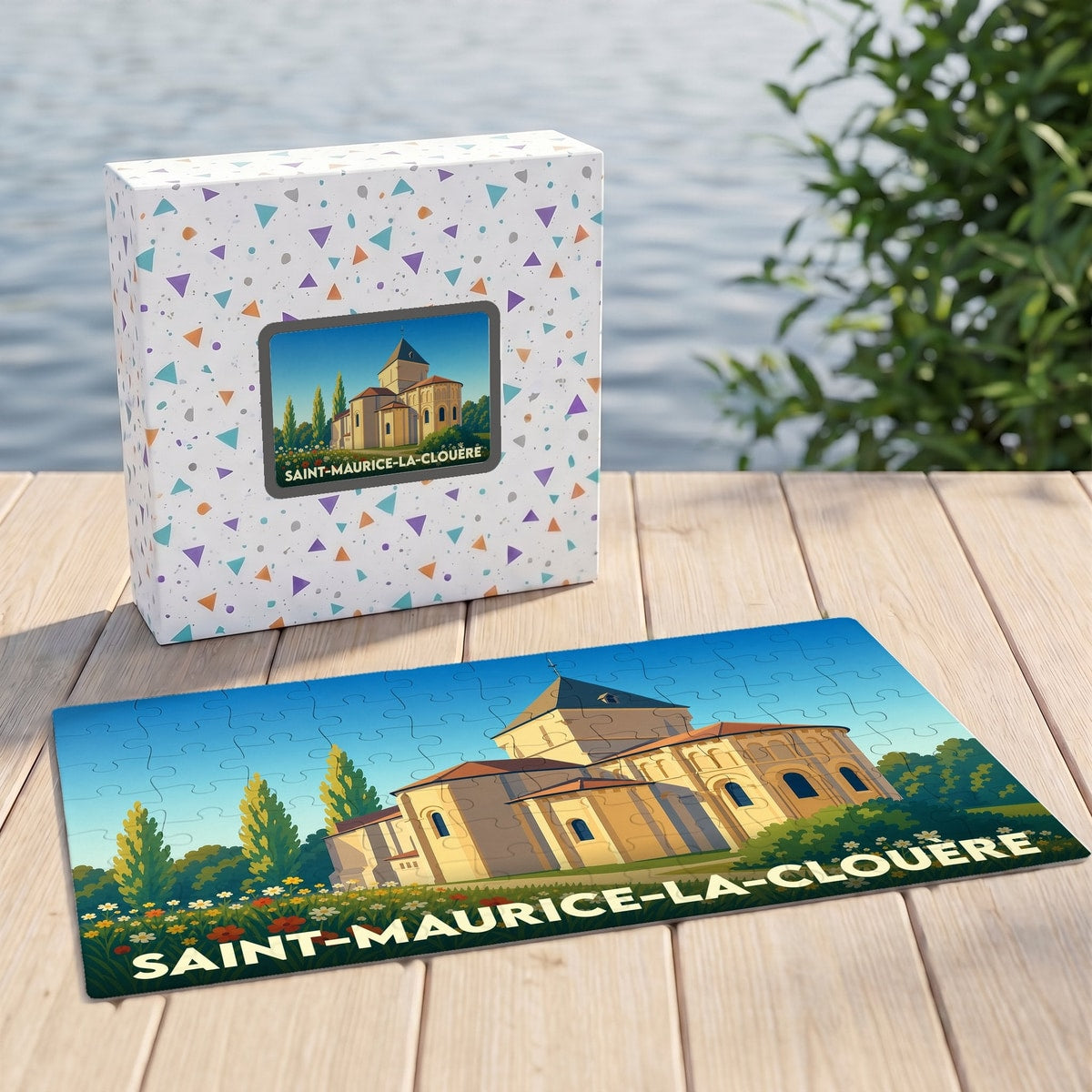 Puzzle souvenir de la commune de Saint-Maurice-la-Clouère avec son église illustrée dans un style graphique épuré.