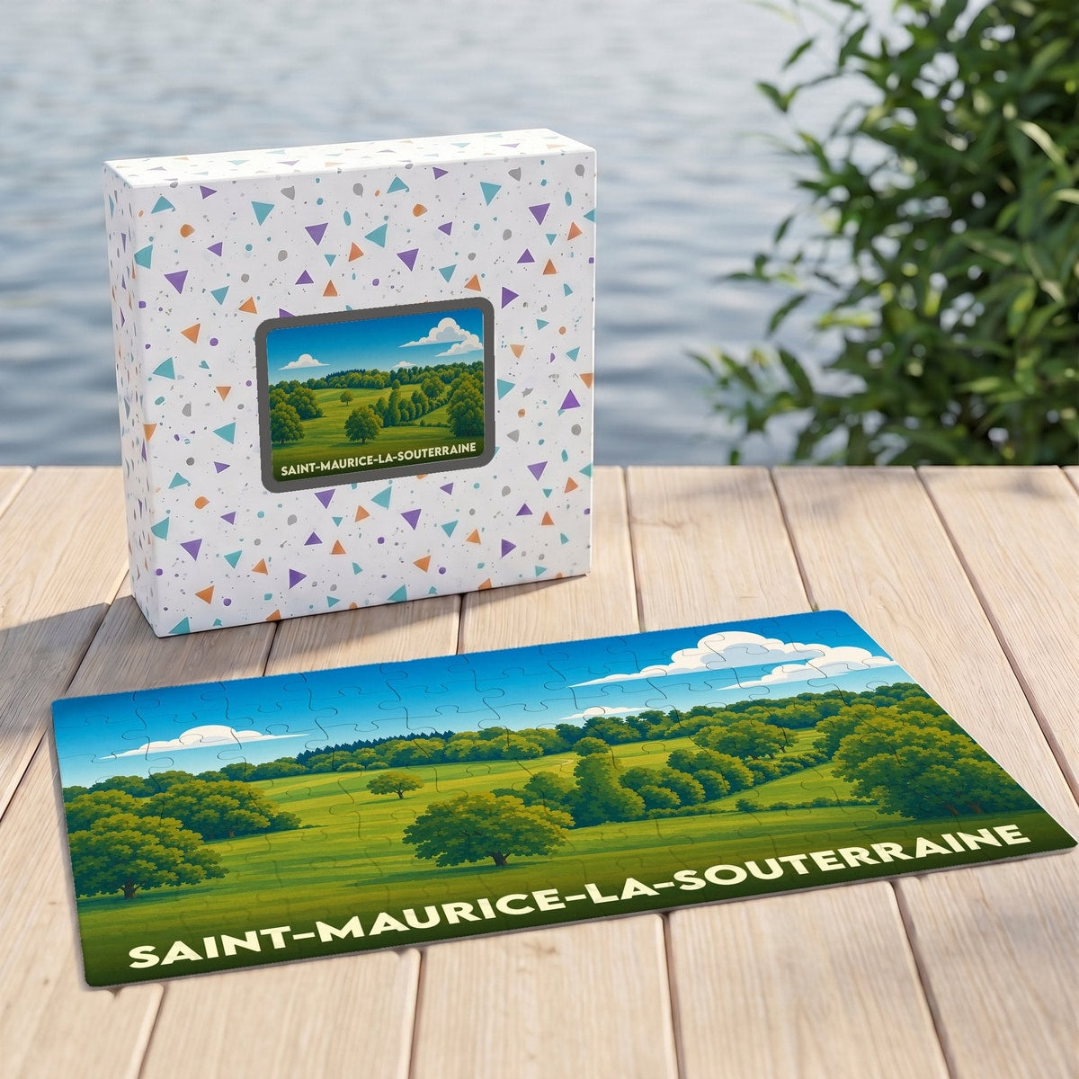 Puzzle souvenir de la ville de Saint-Maurice-la-Souterraine avec une illustration stylisée d'un paysage verdoyant.