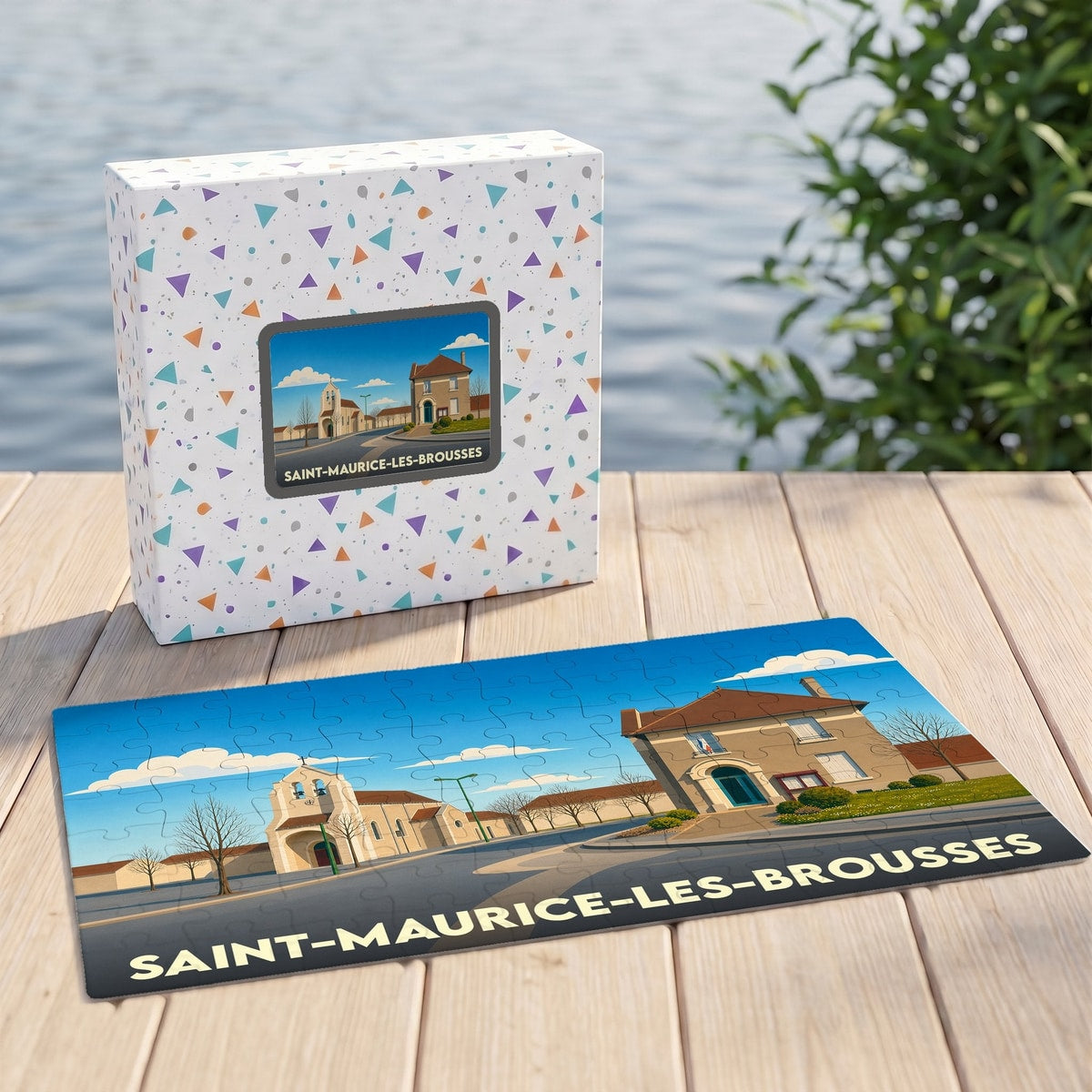 Puzzle souvenir de la ville de Saint-Maurice-les-Brousses avec une illustration stylisée et sa boîte assortie.