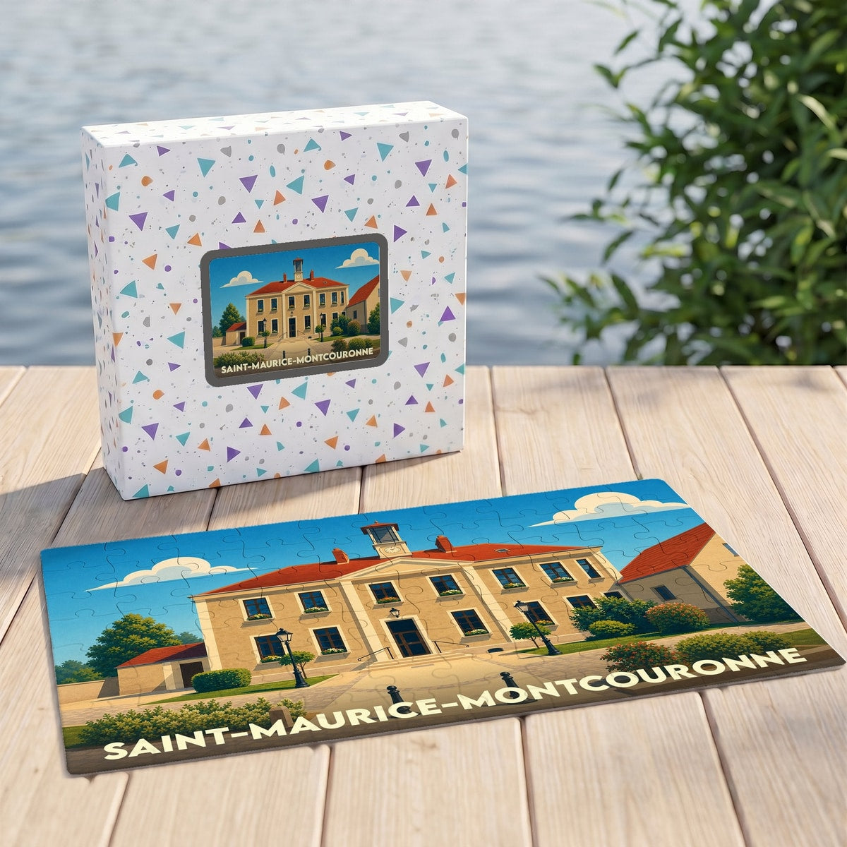 Puzzle souvenir de la ville de Saint-Maurice-Montcouronne avec une illustration stylisée de sa mairie.