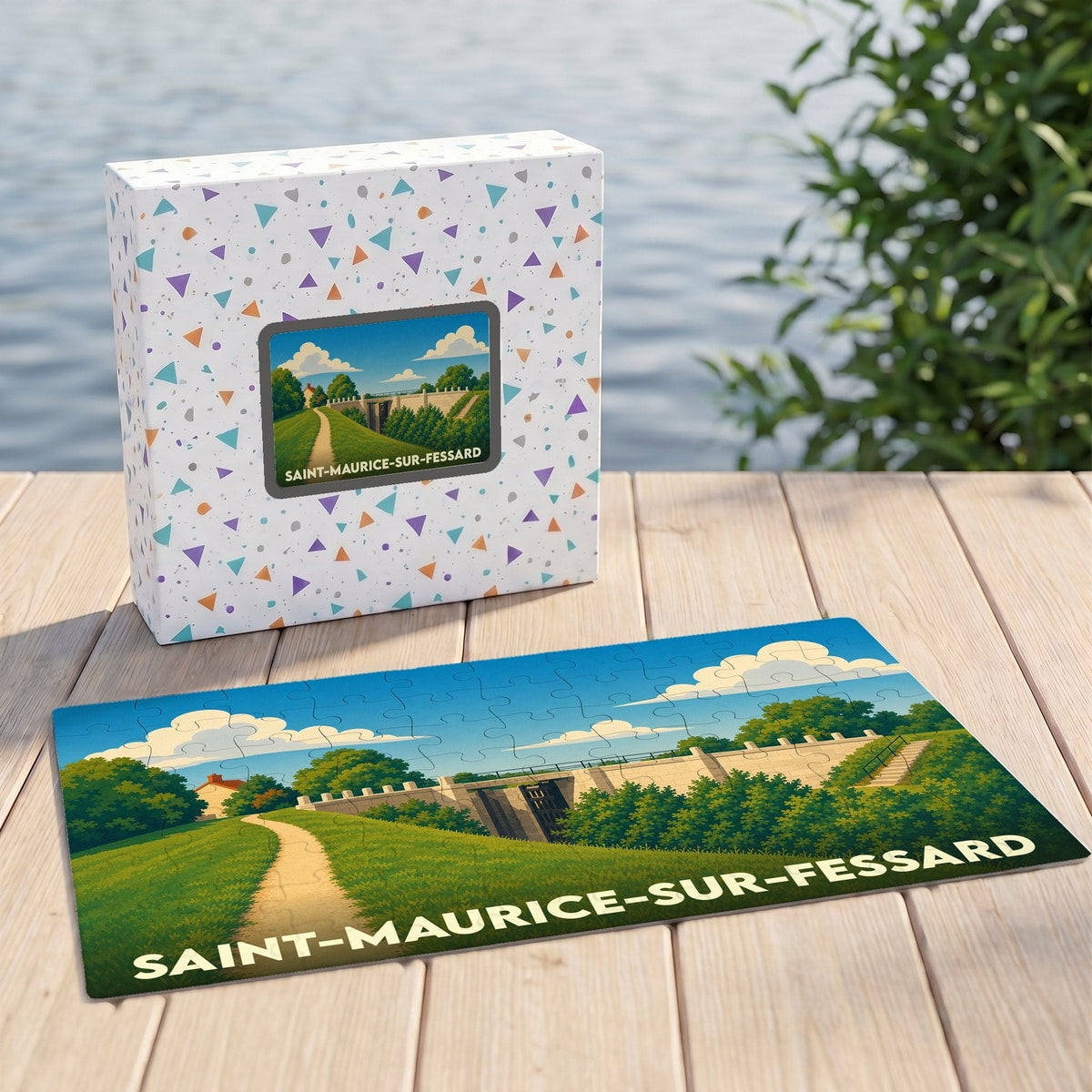 Puzzle souvenir de la ville de Saint-Maurice-sur-Fessard avec une illustration stylisée d'un paysage de campagne.