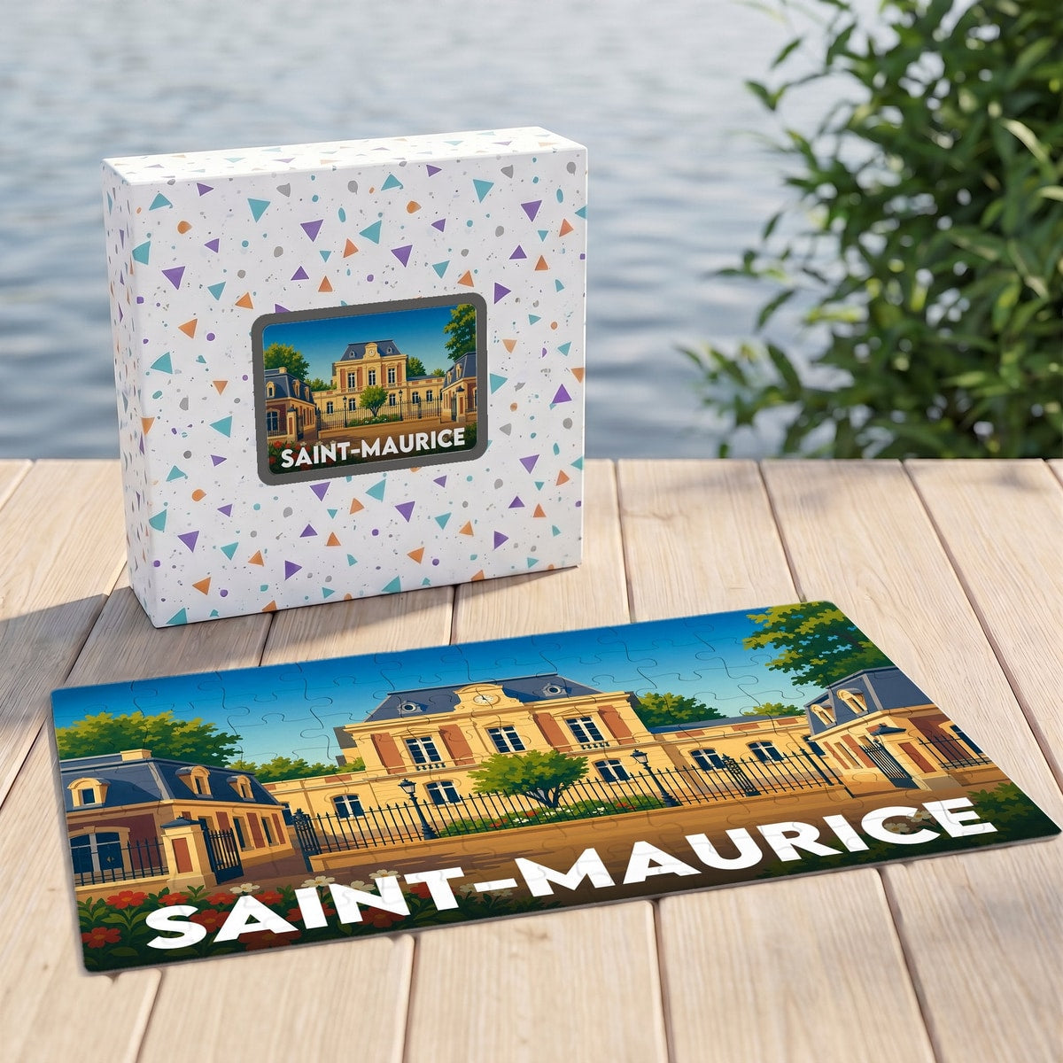 Puzzle souvenir de la ville de Saint-Maurice avec une illustration stylisée d'un bâtiment historique.