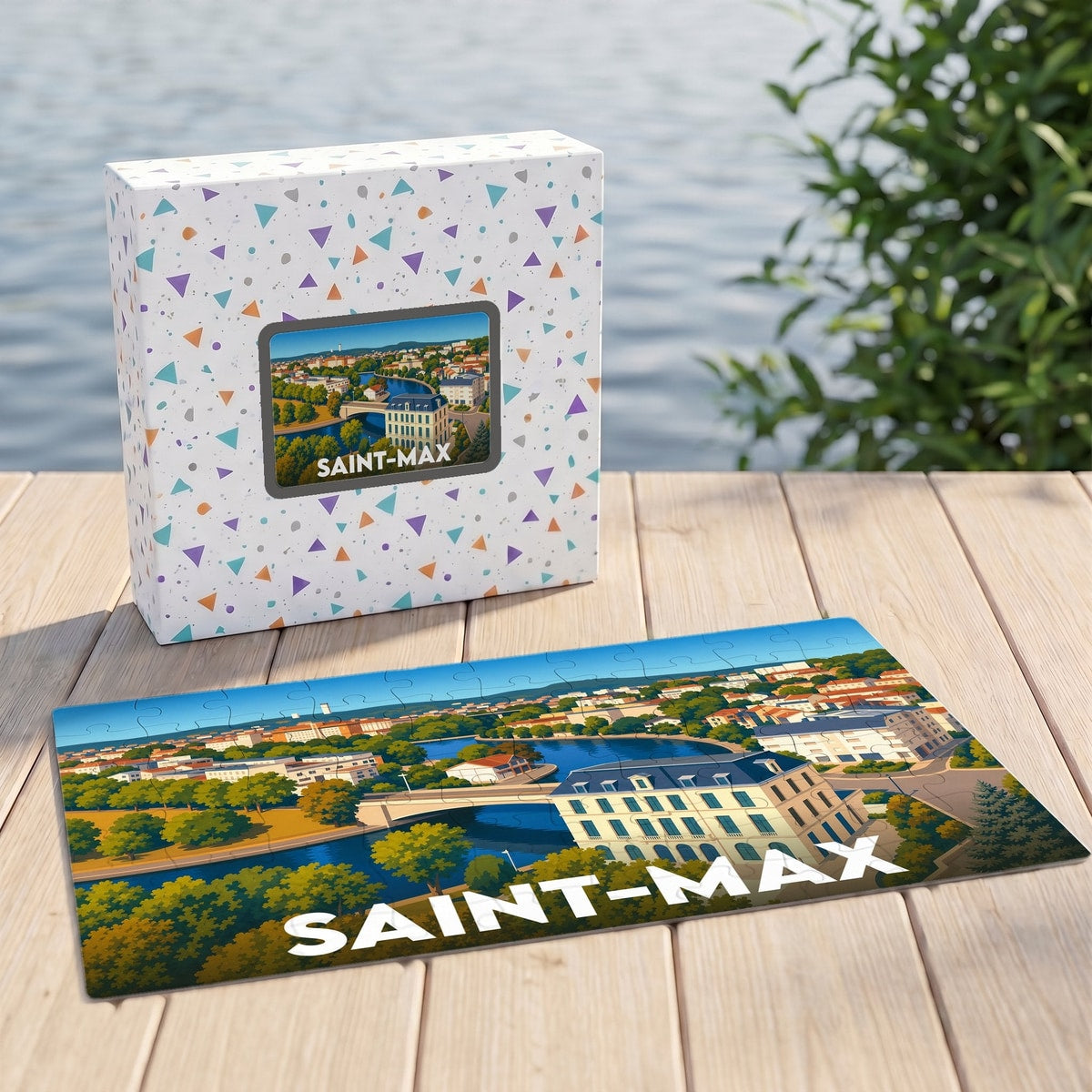 Puzzle souvenir de la ville de Saint-Max avec une illustration colorée et stylisée.