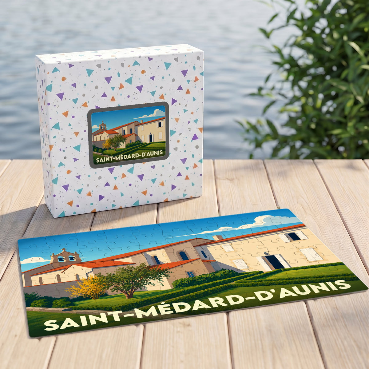 Puzzle souvenir de la ville de Saint-Médard-d'Aunis avec une illustration stylisée de son patrimoine.