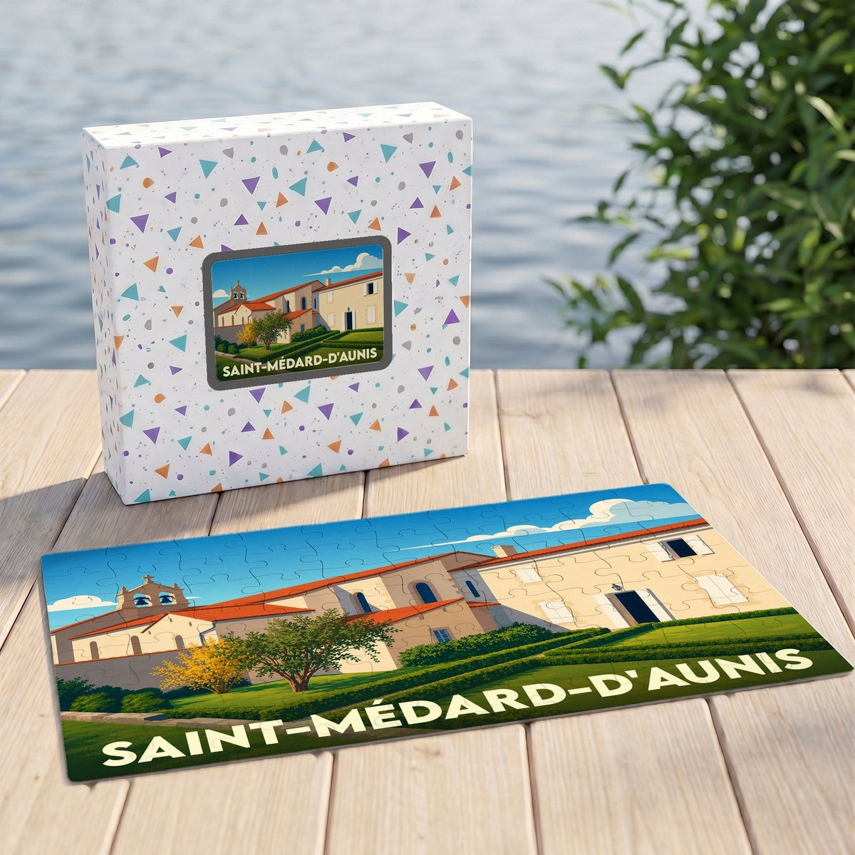 Puzzle souvenir de la ville de Saint-Médard-d'Aunis avec une illustration stylisée de son patrimoine.