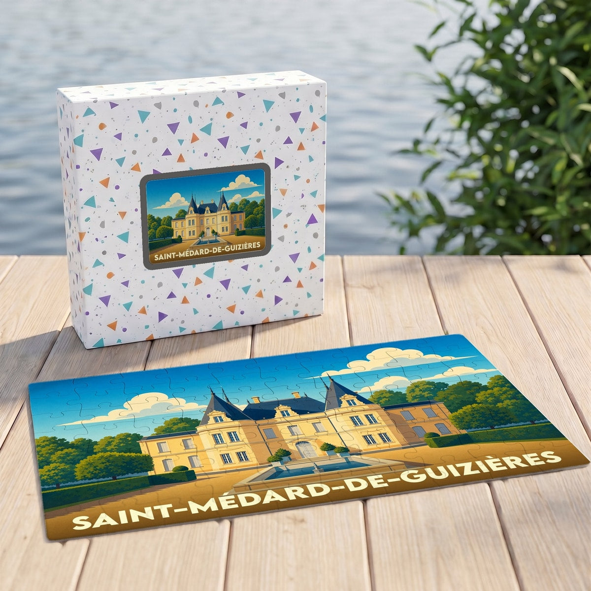 Puzzle souvenir de la ville de Saint-Médard-de-Guizières avec une illustration stylisée de son château.