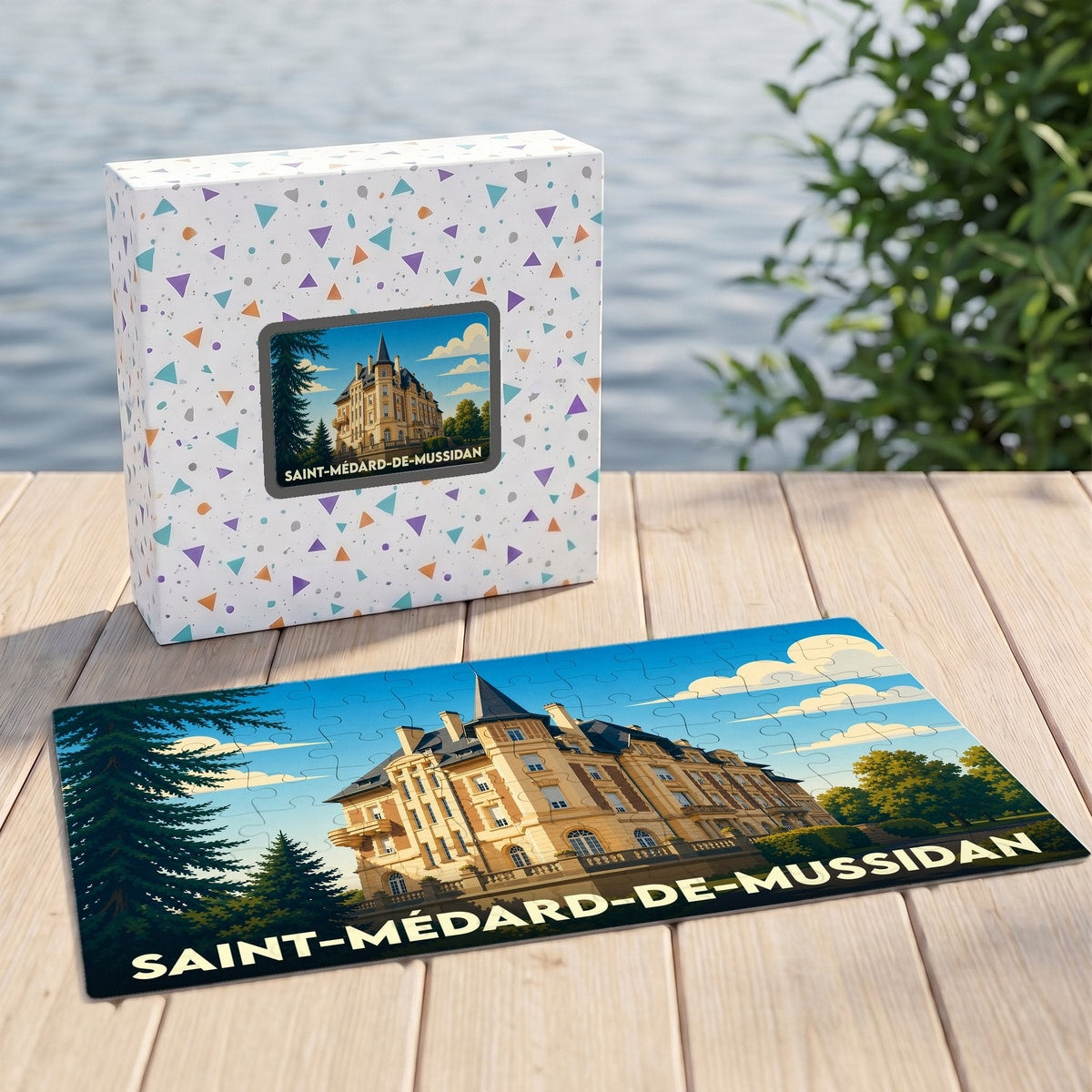 Puzzle souvenir de la ville de Saint-Médard-de-Mussidan avec une illustration stylisée de son château.