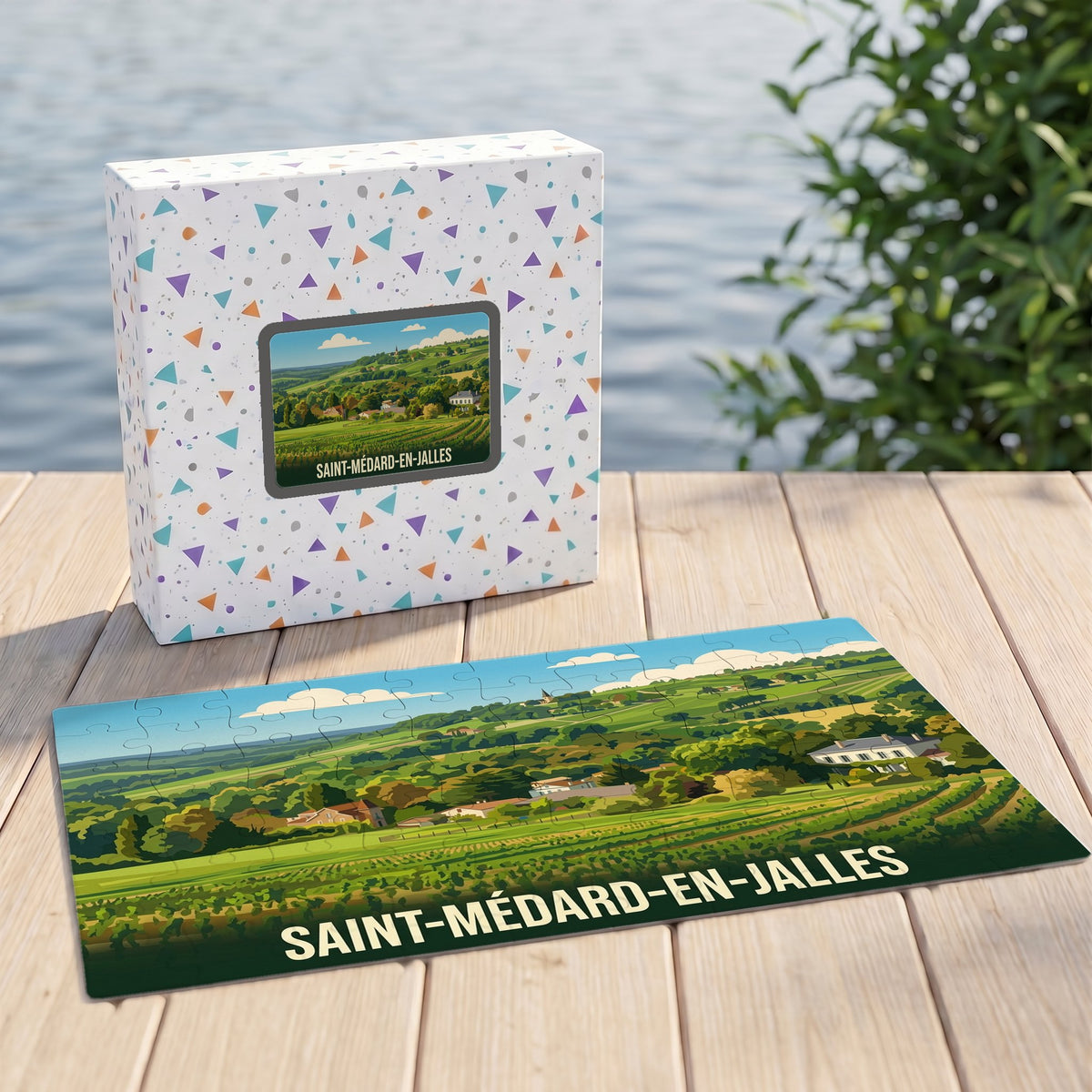 Puzzle souvenir de la ville de Saint-Médard-en-Jalles avec une illustration de paysages vallonnés.