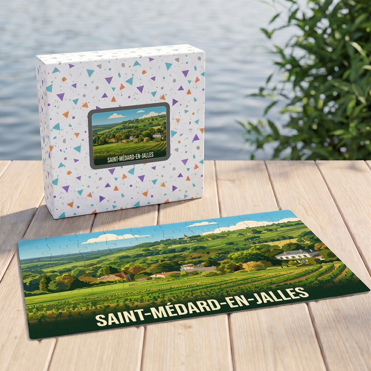 Puzzle souvenir de la ville de Saint-Médard-en-Jalles avec une illustration de paysages vallonnés.