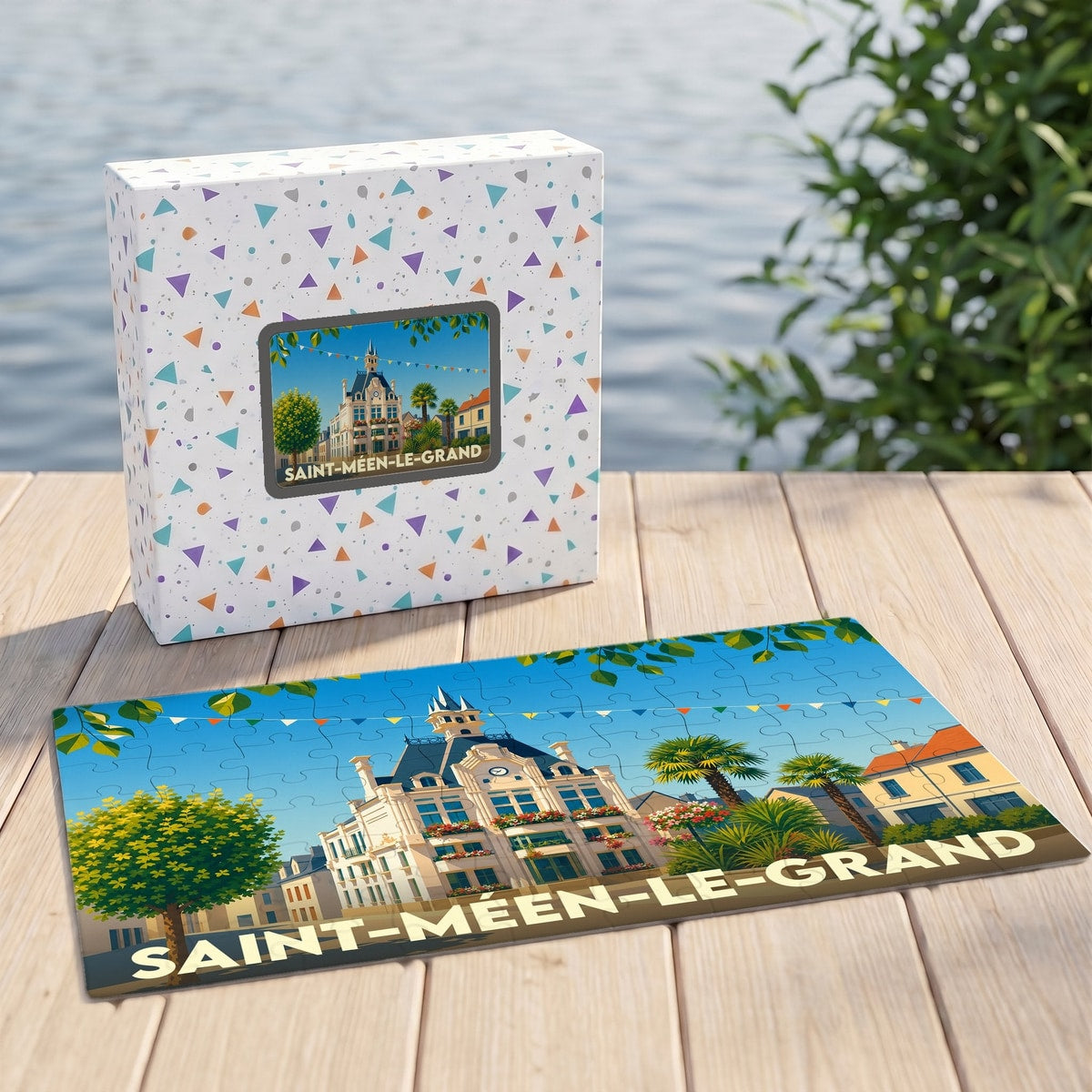 Puzzle souvenir de la ville de Saint-Méen-le-Grand avec une illustration stylisée et colorée.