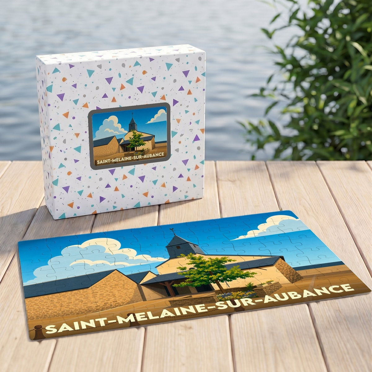 Puzzle souvenir de la ville de Saint-Melaine-sur-Aubance avec une illustration stylisée de son église.