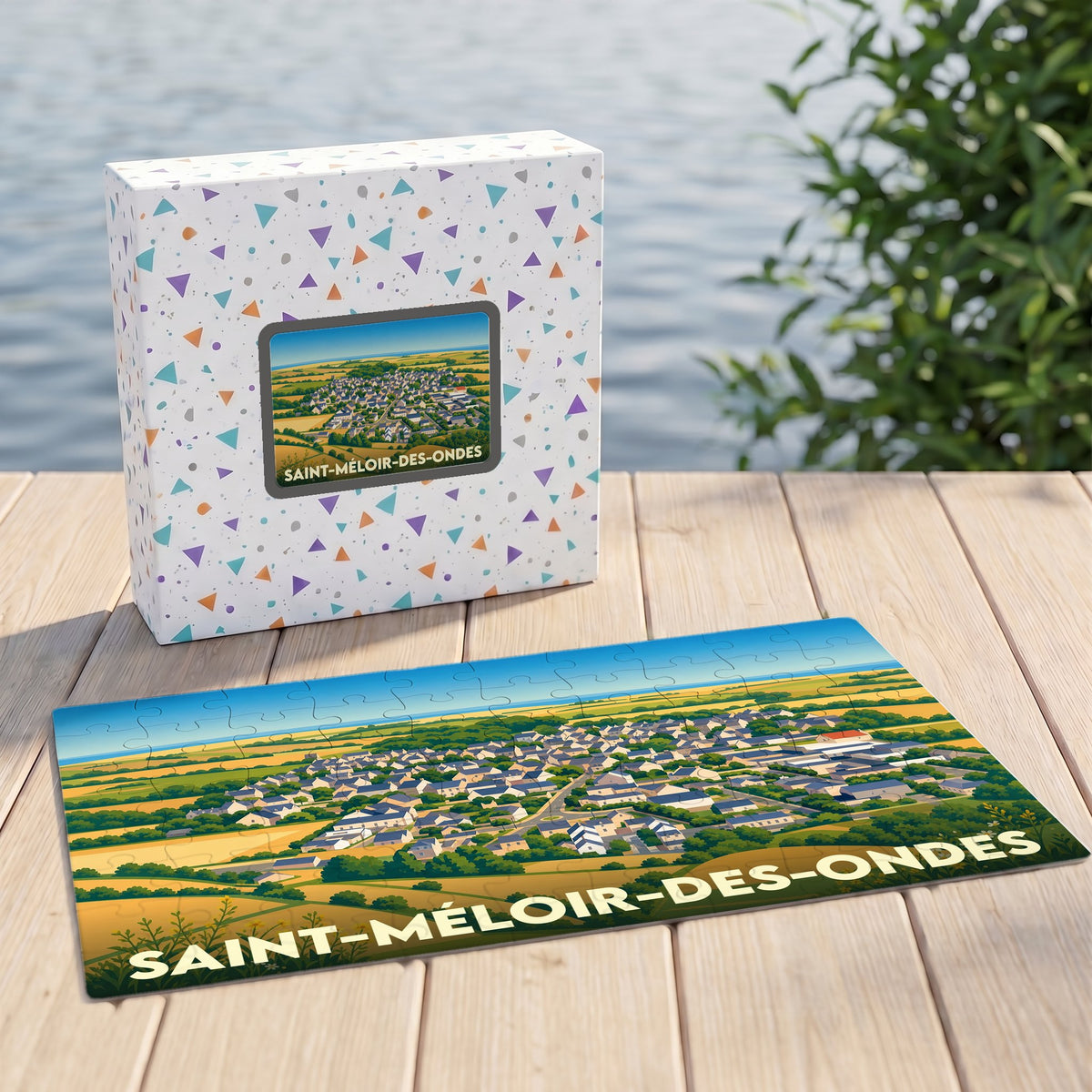 Puzzle souvenir de la ville de Saint-Méloir-des-Ondes avec une illustration panoramique stylisée.