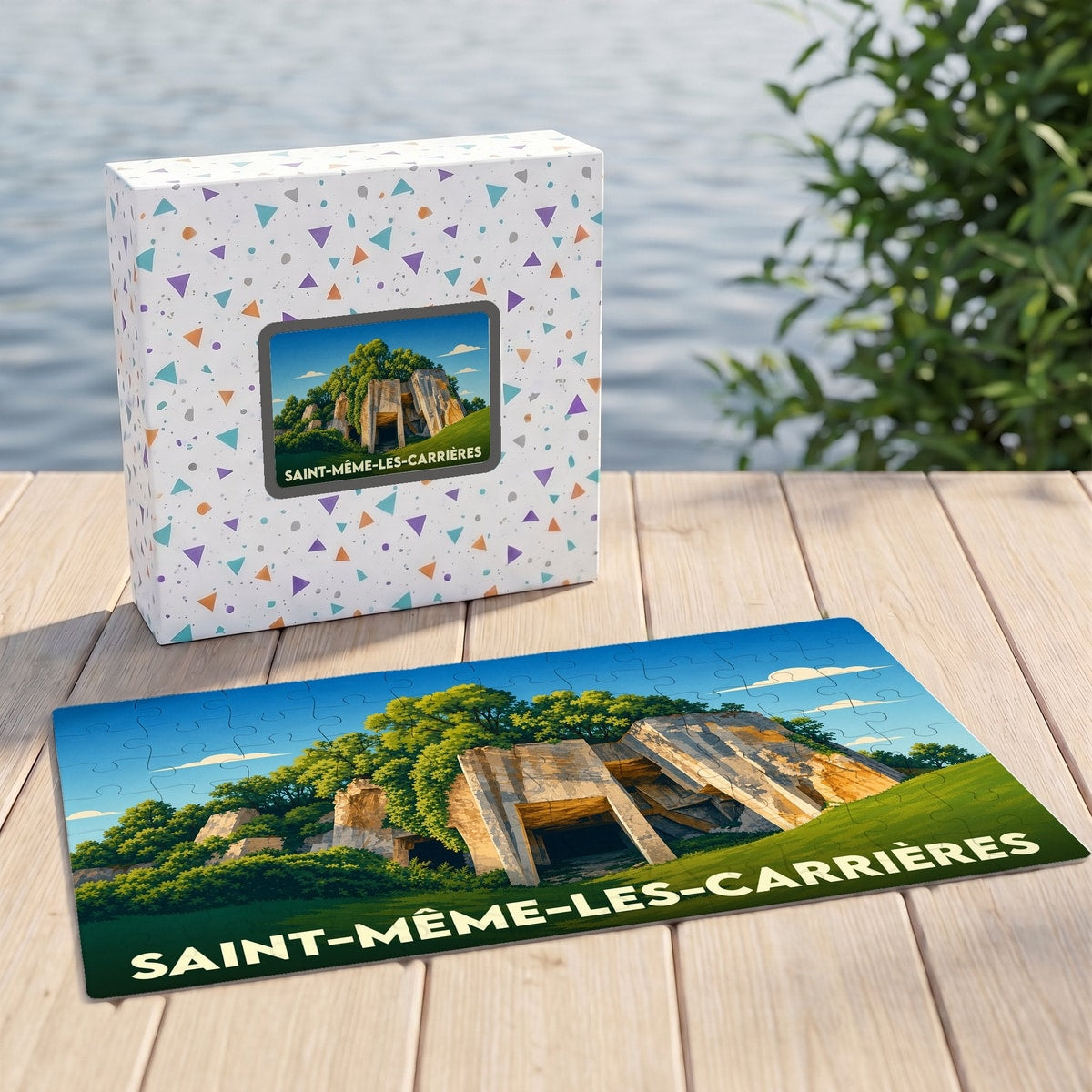 Puzzle souvenir de la ville de Saint-Même-les-Carrières avec une illustration stylisée de ses anciennes carrières de pierre.