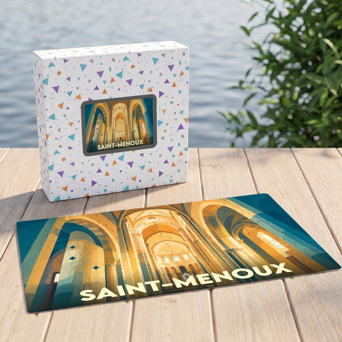 Puzzle souvenir de la ville de Saint-Menoux avec une illustration stylisée de son église.