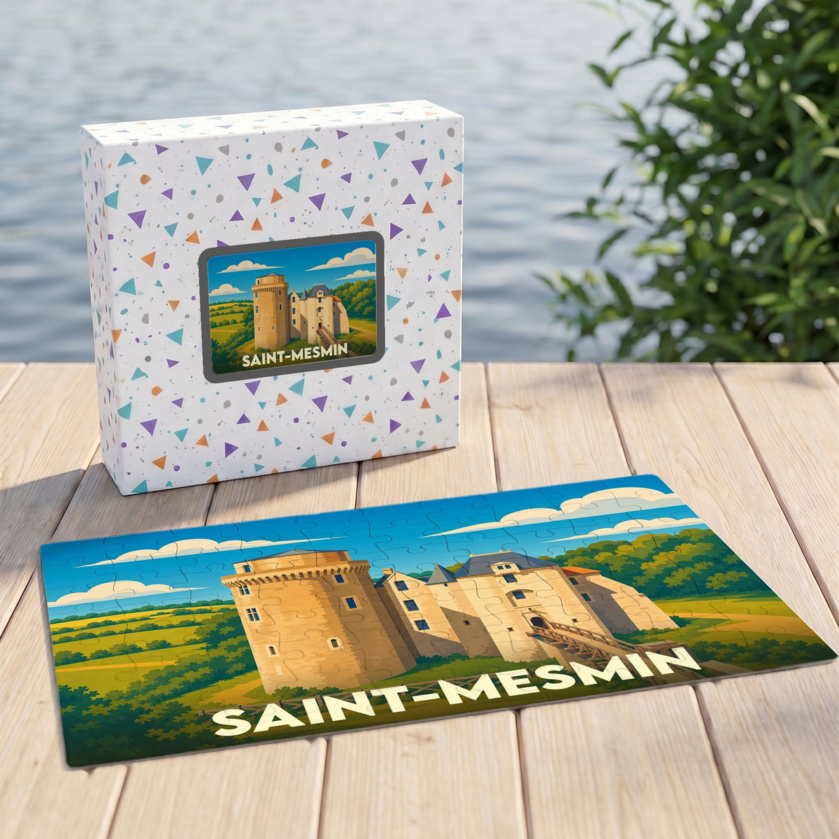 Puzzle souvenir de la ville de Saint-Mesmin avec une illustration stylisée de son château.