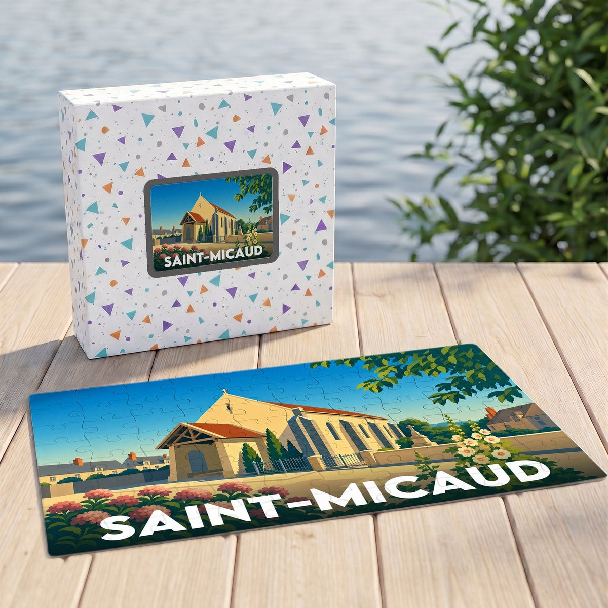 Puzzle souvenir de la commune de Saint-Micaud avec une illustration stylisée de son église.