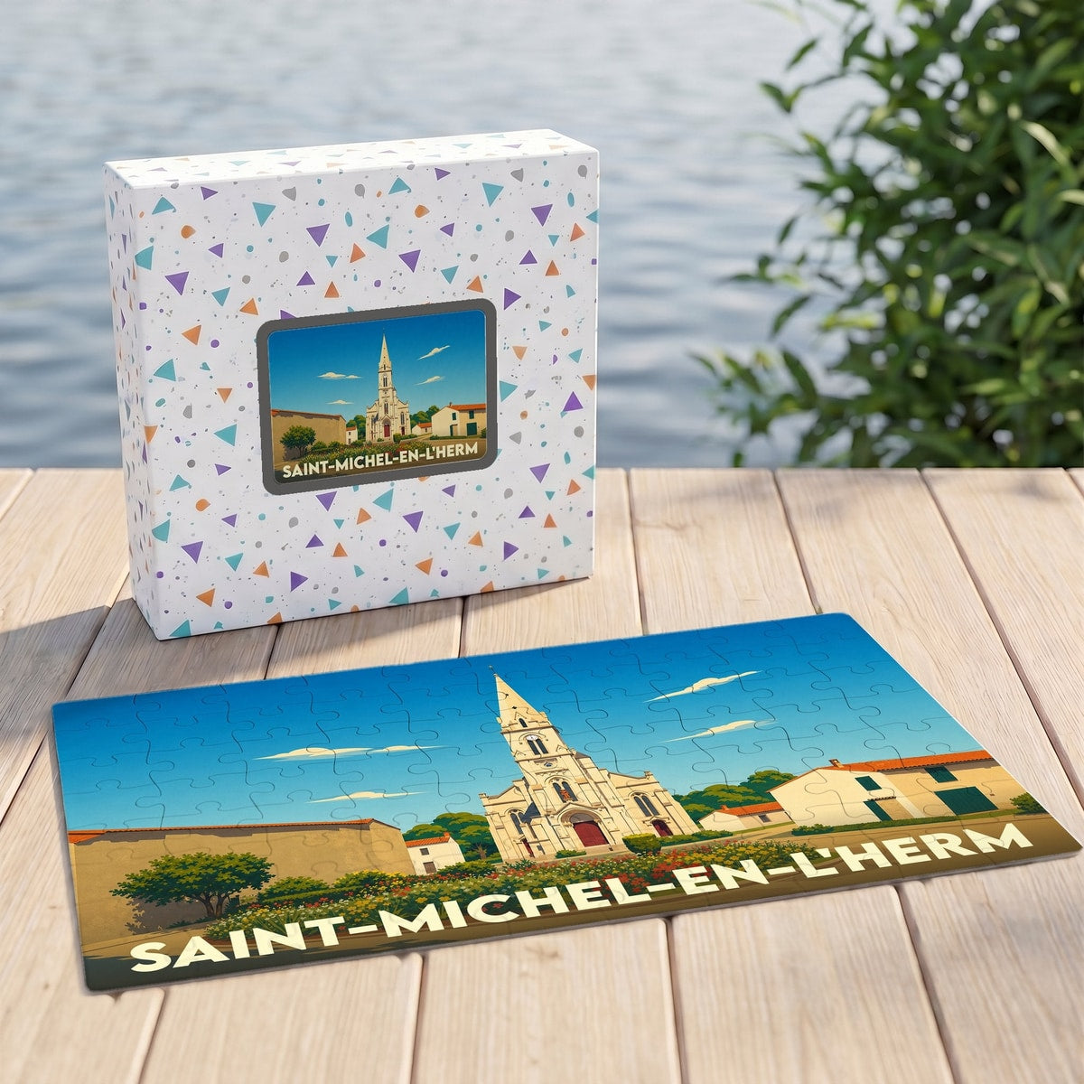 Puzzle souvenir de Saint-Michel-en-l'Herm avec une illustration stylisée de son église et de ses maisons traditionnelles.
