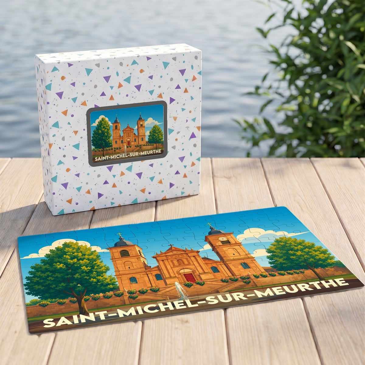 Puzzle souvenir de la ville de Saint-Michel-sur-Meurthe avec une illustration stylisée d'une église.