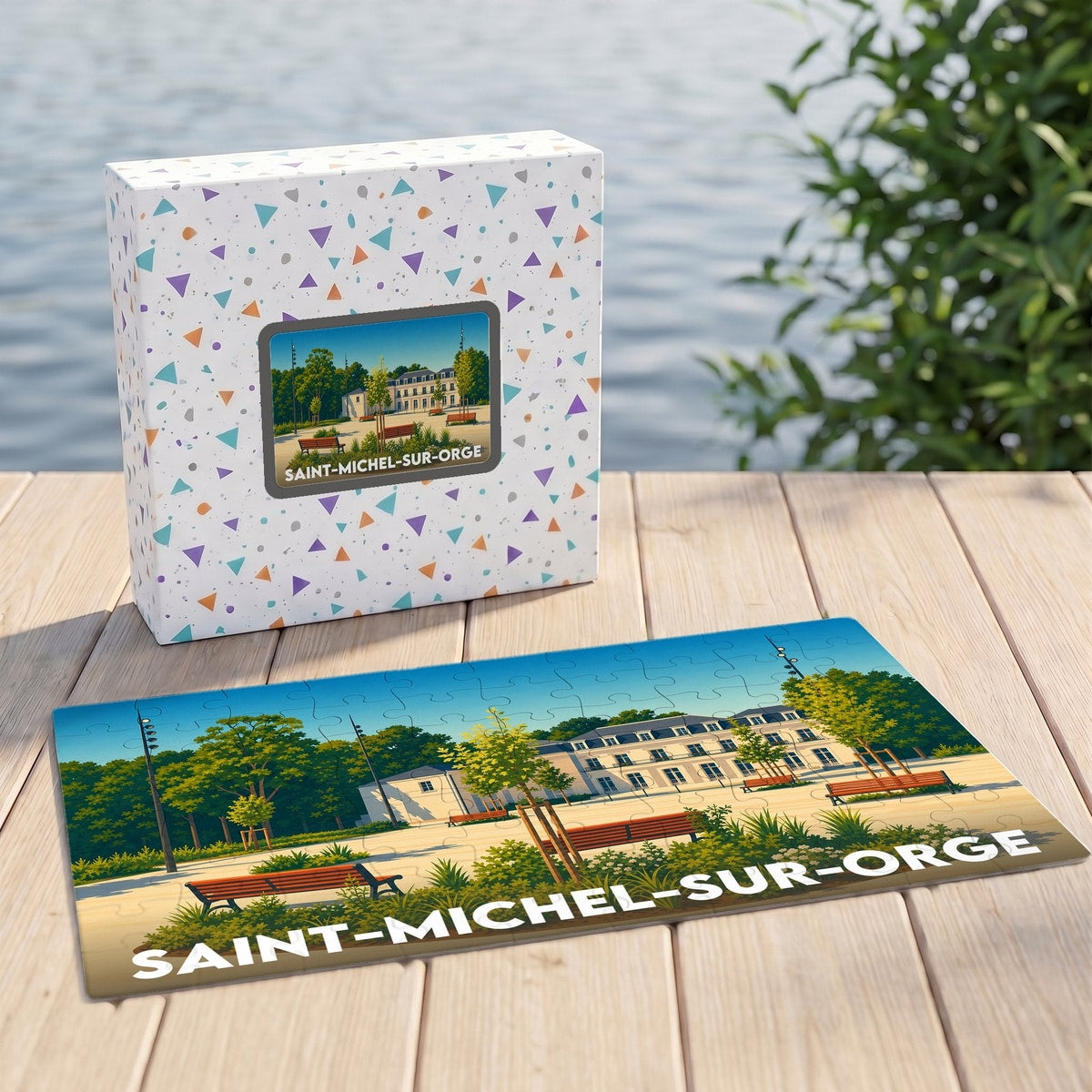 Puzzle souvenir de la ville de Saint-Michel-sur-Orge avec une illustration stylisée de ses parcs et bâtiments historiques.