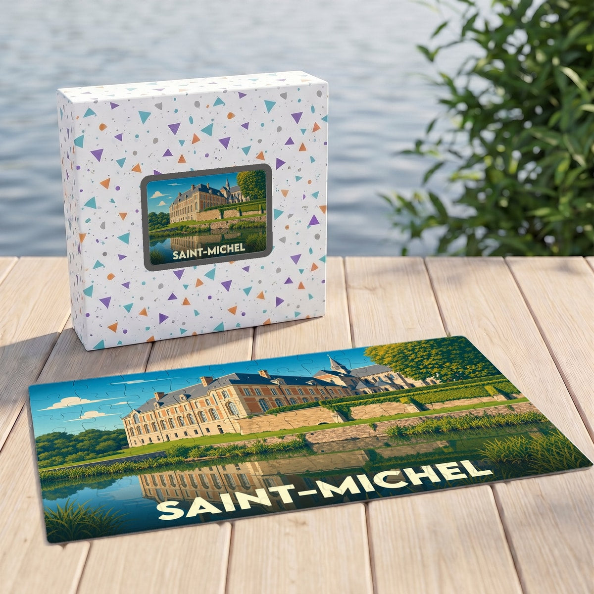 Puzzle souvenir de la ville de Saint-Michel avec une illustration colorée d'un château au bord de l'eau.