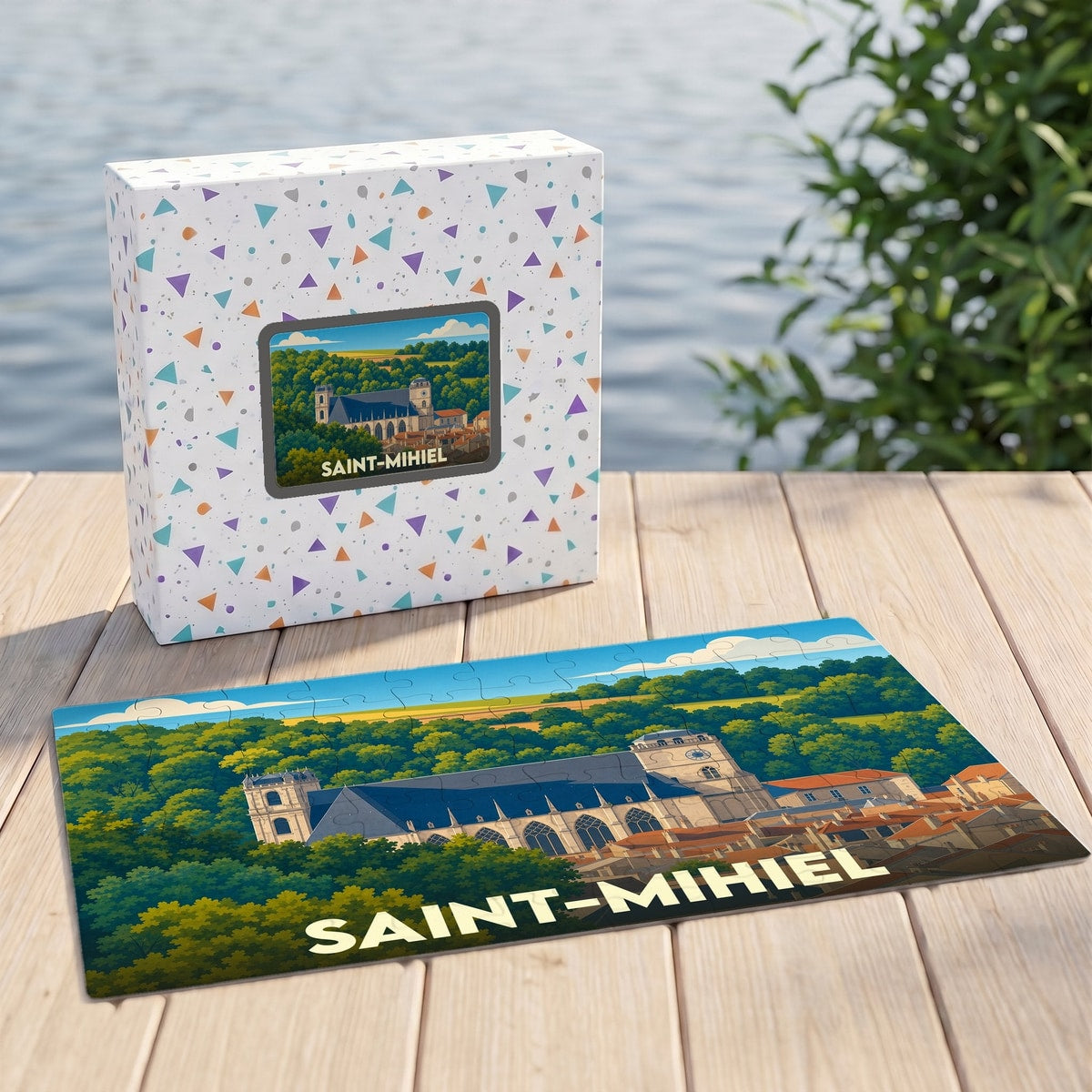 Puzzle souvenir de la ville de Saint-Mihiel avec une illustration stylisée d'une abbaye nichée dans la forêt.