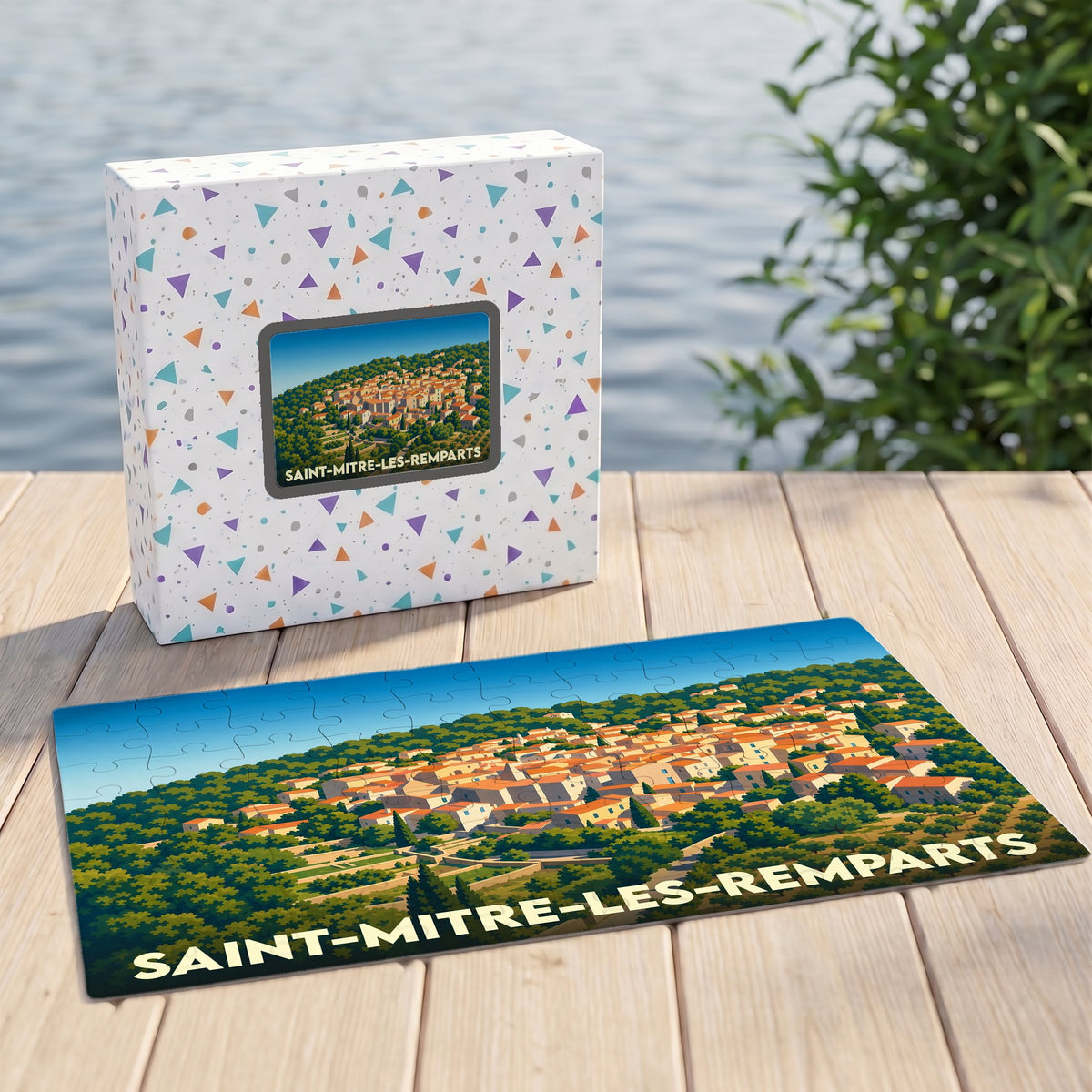 Puzzle souvenir de la ville de Saint-Mitre-les-Remparts avec une illustration stylisée d'un village perché.
