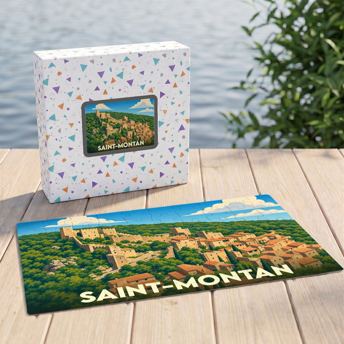 Puzzle souvenir de la ville de Saint-Montan avec une illustration stylisée.