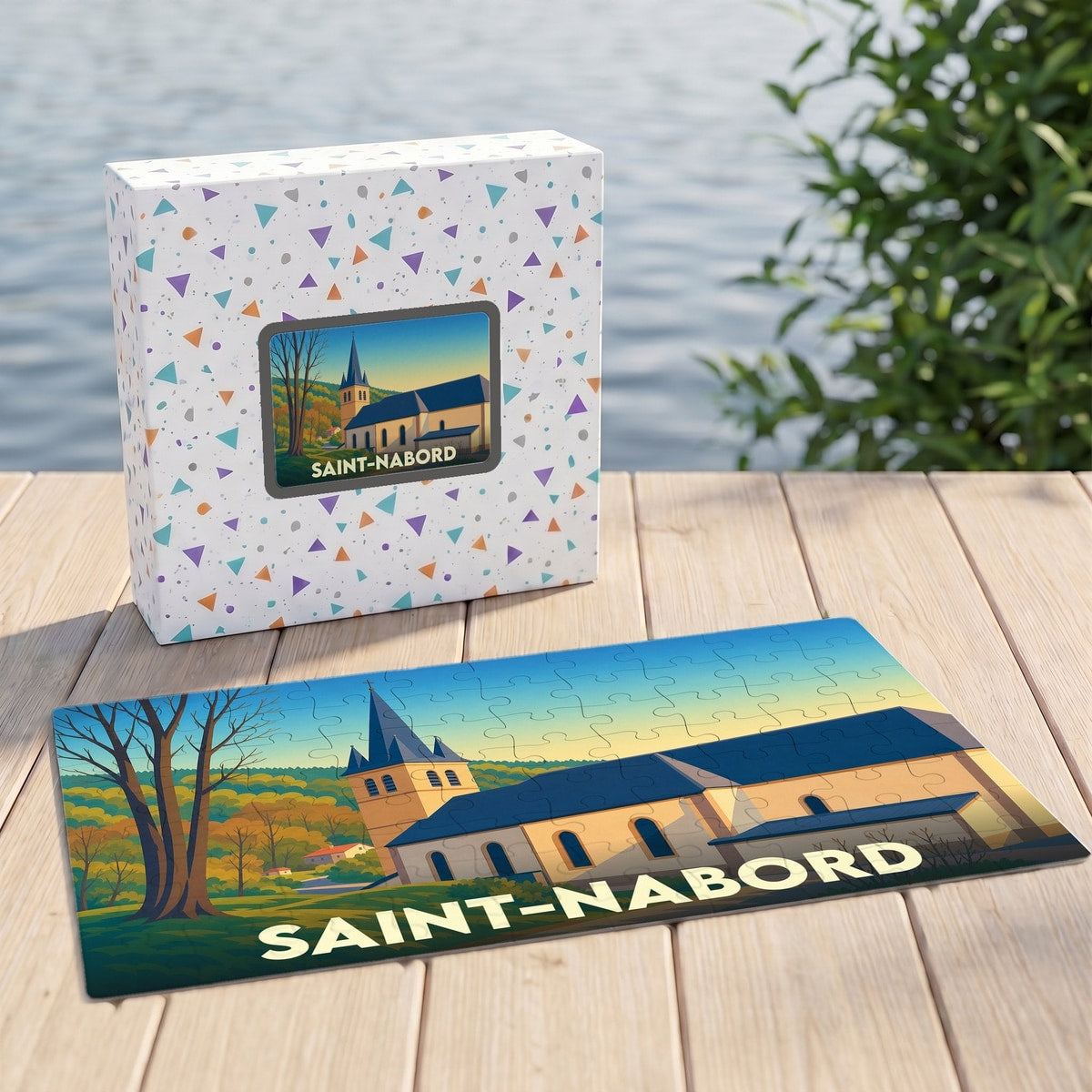 Puzzle souvenir de la ville de Saint-Nabord avec une illustration stylisée de son église.