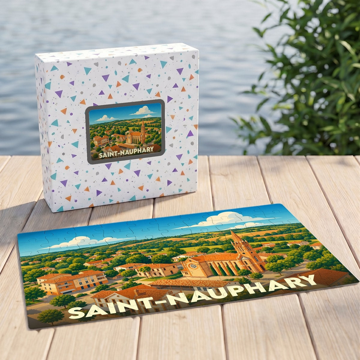 Puzzle souvenir de la ville de Saint-Nauphary illustrant un paysage de village ensoleillé.