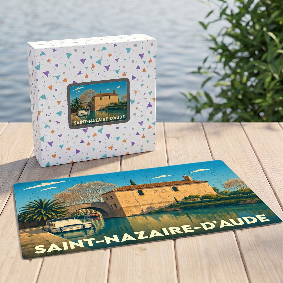 Puzzle souvenir de la ville de Saint-Nazaire-d'Aude avec une illustration stylisée de son canal et de son architecture.