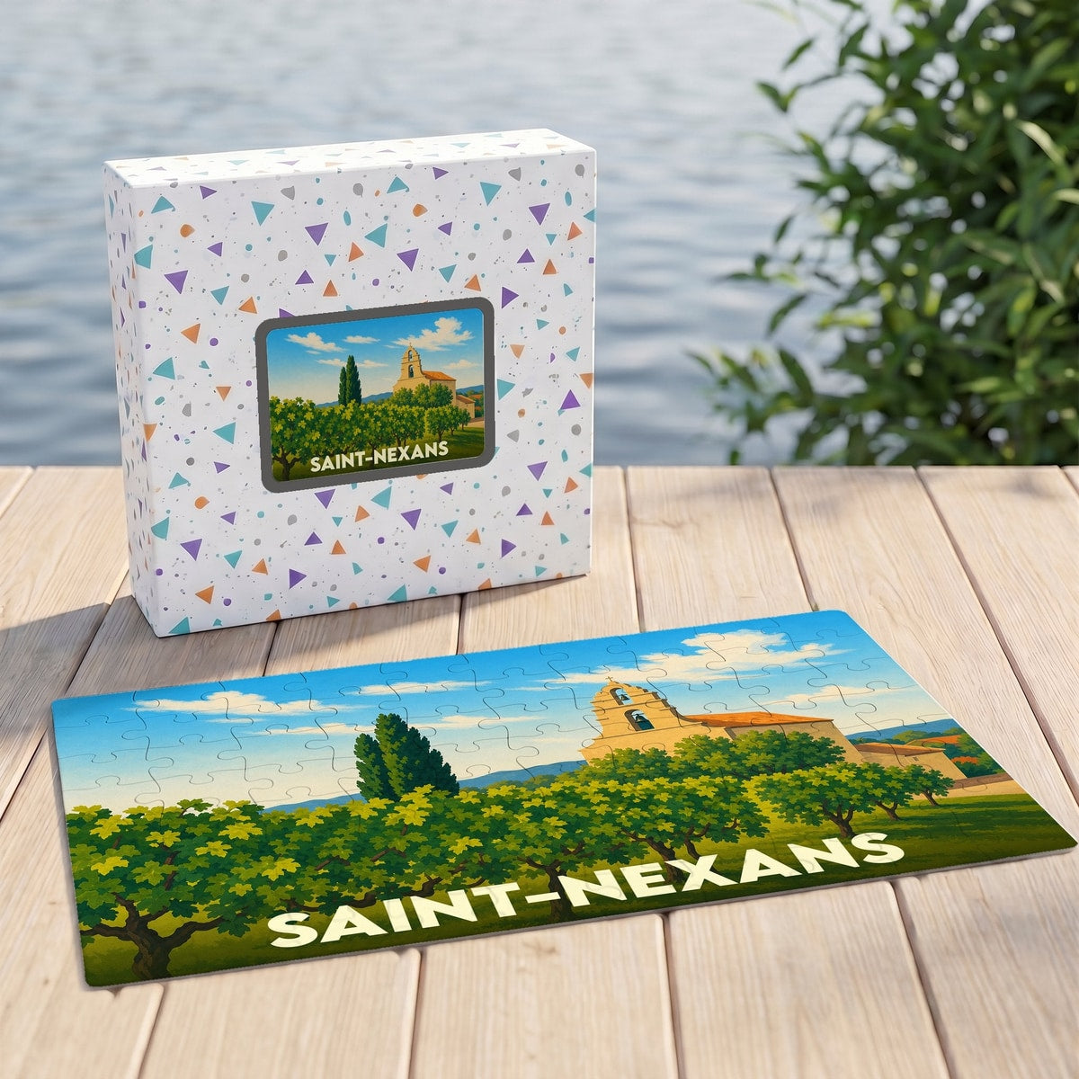 Puzzle souvenir de la ville de Saint-Nexans avec une illustration stylisée de son paysage et de son église.