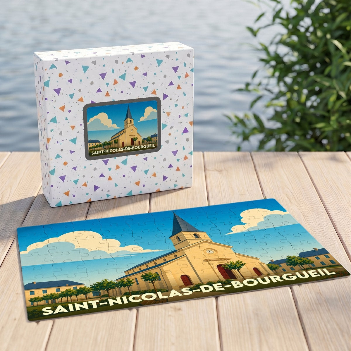 Puzzle souvenir de la ville de Saint-Nicolas-de-Bourgueil avec une illustration stylisée de son église.
