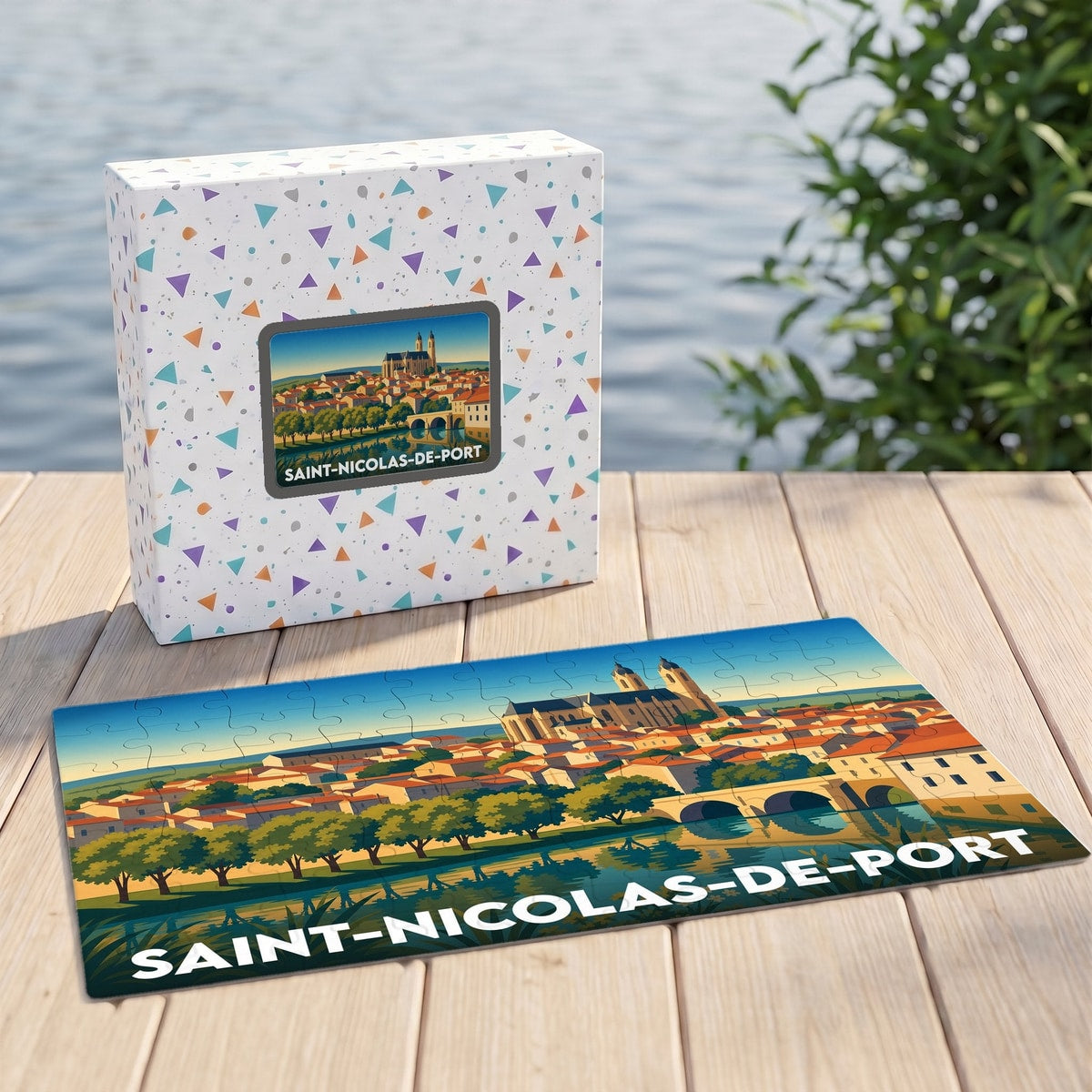Puzzle souvenir de la ville de Saint-Nicolas-de-Port avec une illustration panoramique stylisée.