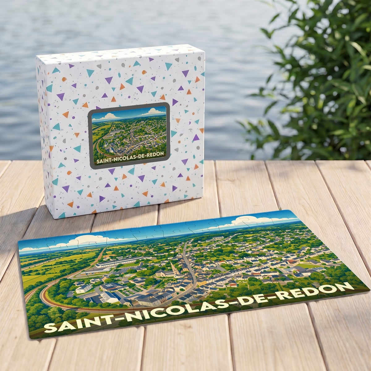 Puzzle souvenir de la ville de Saint-Nicolas-de-Redon avec une vue aérienne illustrée.