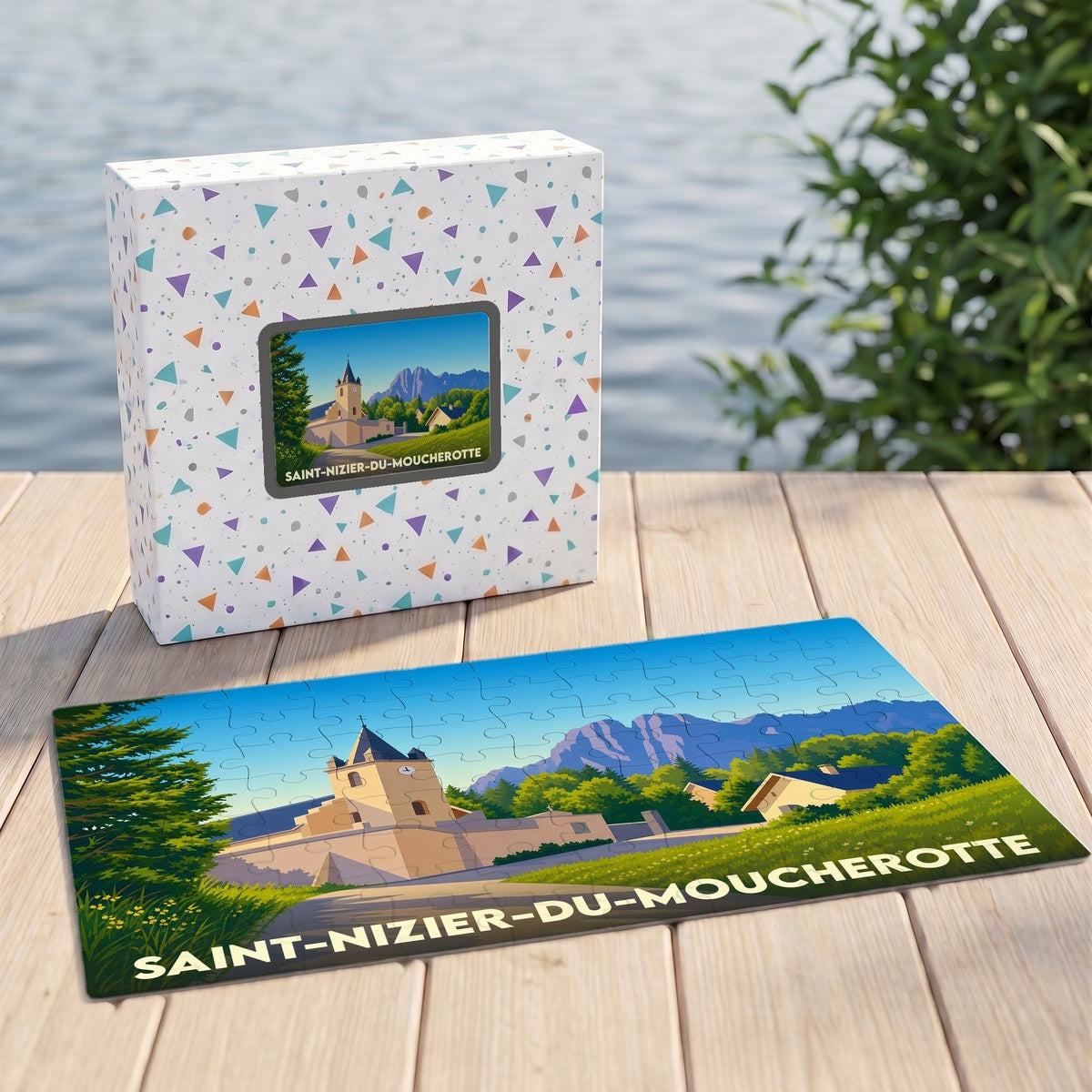 Puzzle souvenir de la ville de Saint-Nizier-du-Moucherotte avec une illustration paysagère stylisée.