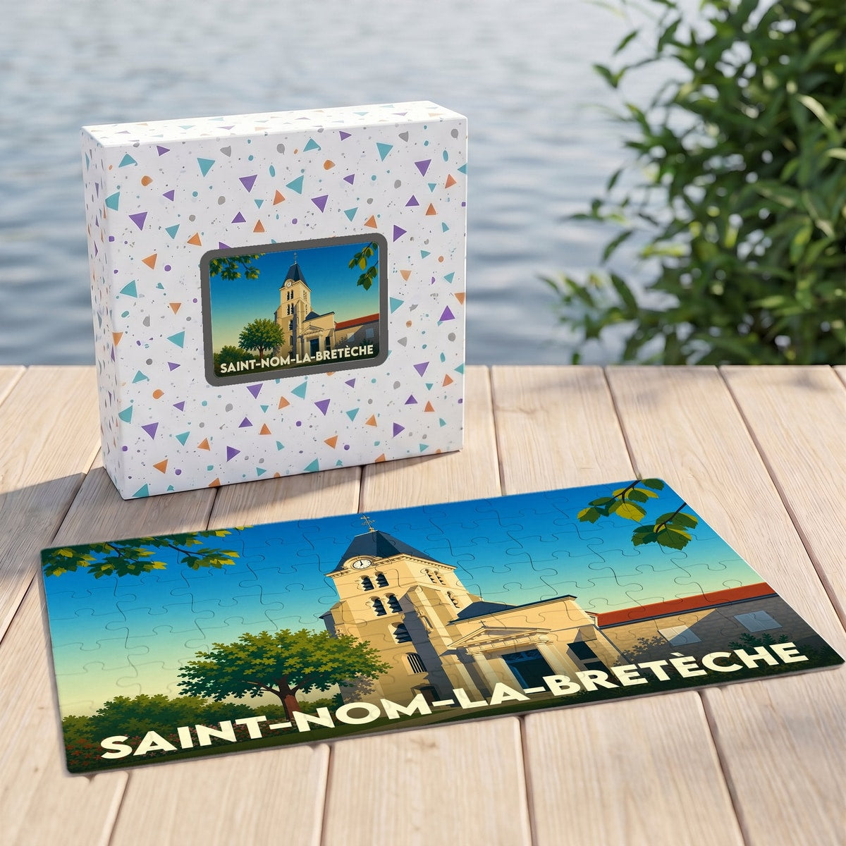 Puzzle souvenir de la ville de Saint-Nom-la-Bretèche avec une illustration stylisée de son église.