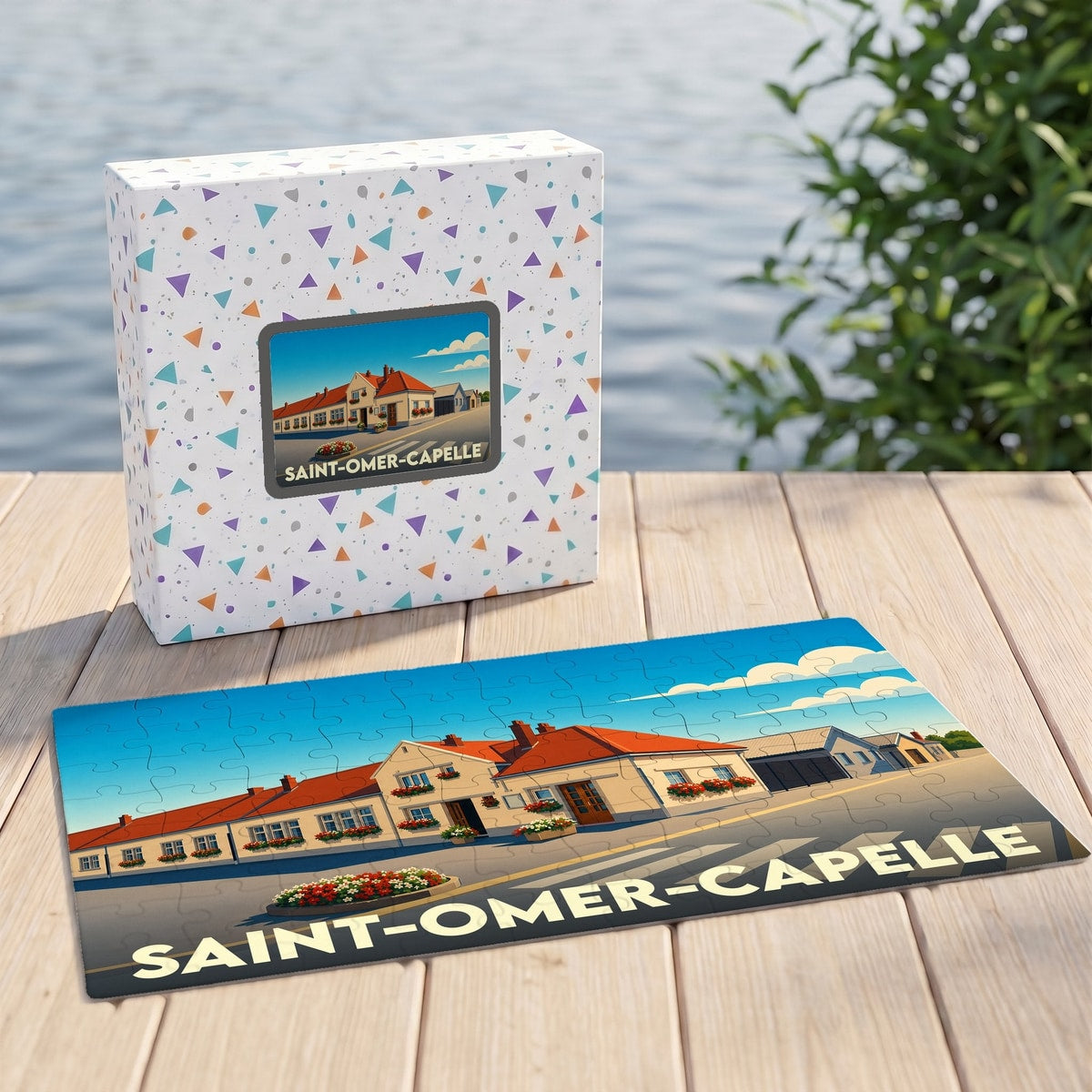 Puzzle souvenir de la ville de Saint-Omer-Capelle avec une illustration stylisée d'un paysage urbain.