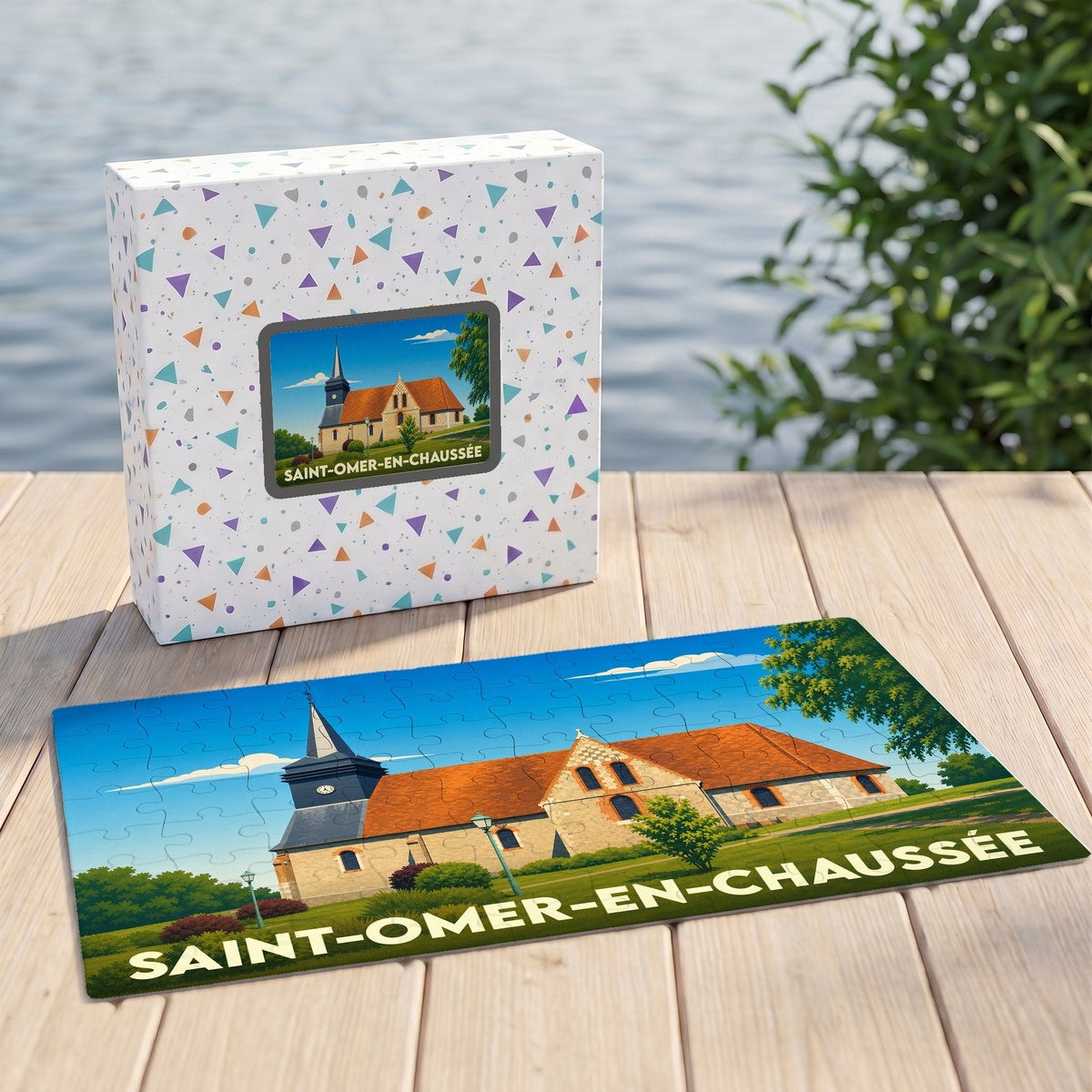 Puzzle souvenir de la ville de Saint-Omer-en-Chaussée avec une illustration stylisée de son église.