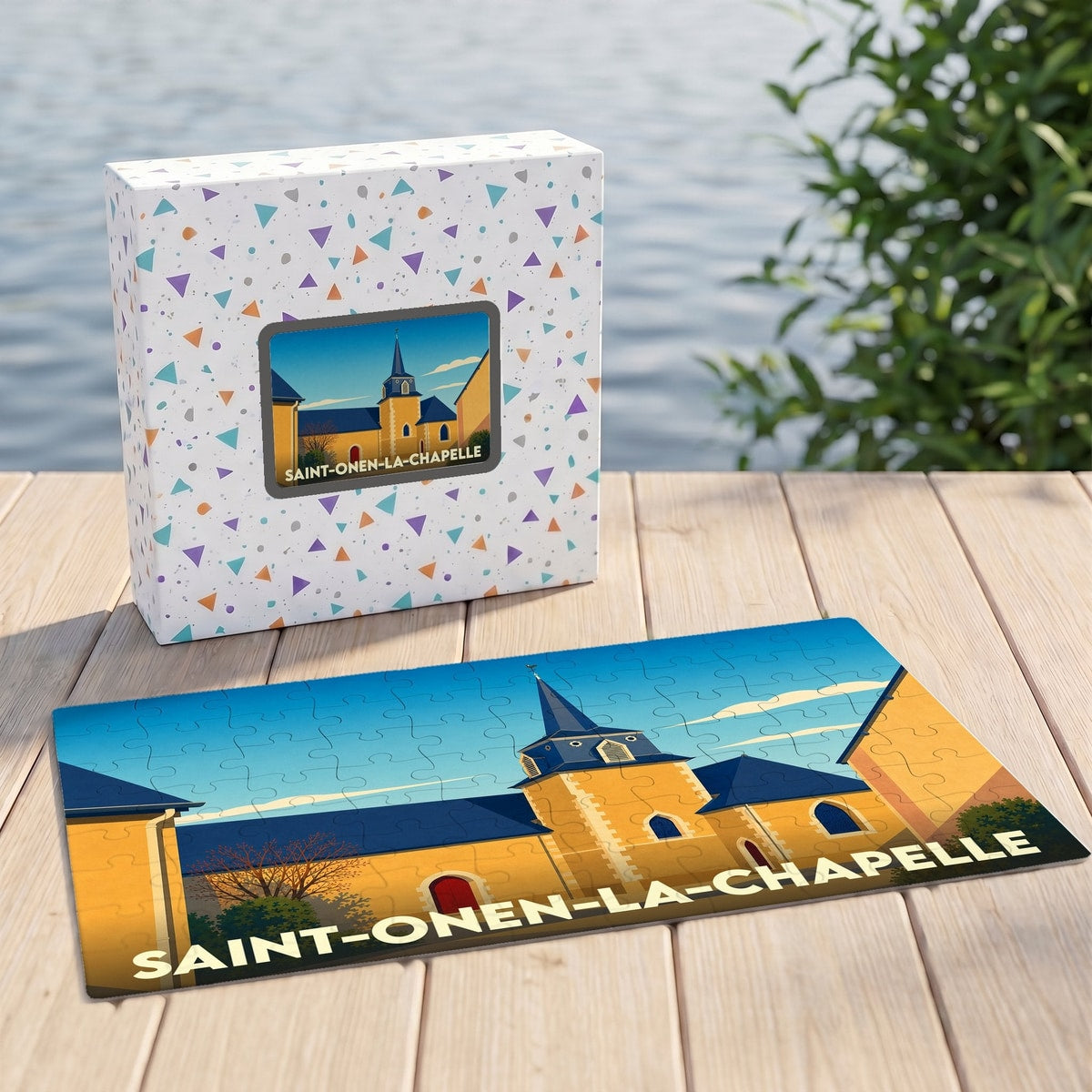 Puzzle souvenir de la ville de Saint-Onen-la-Chapelle avec une illustration stylisée de son église.