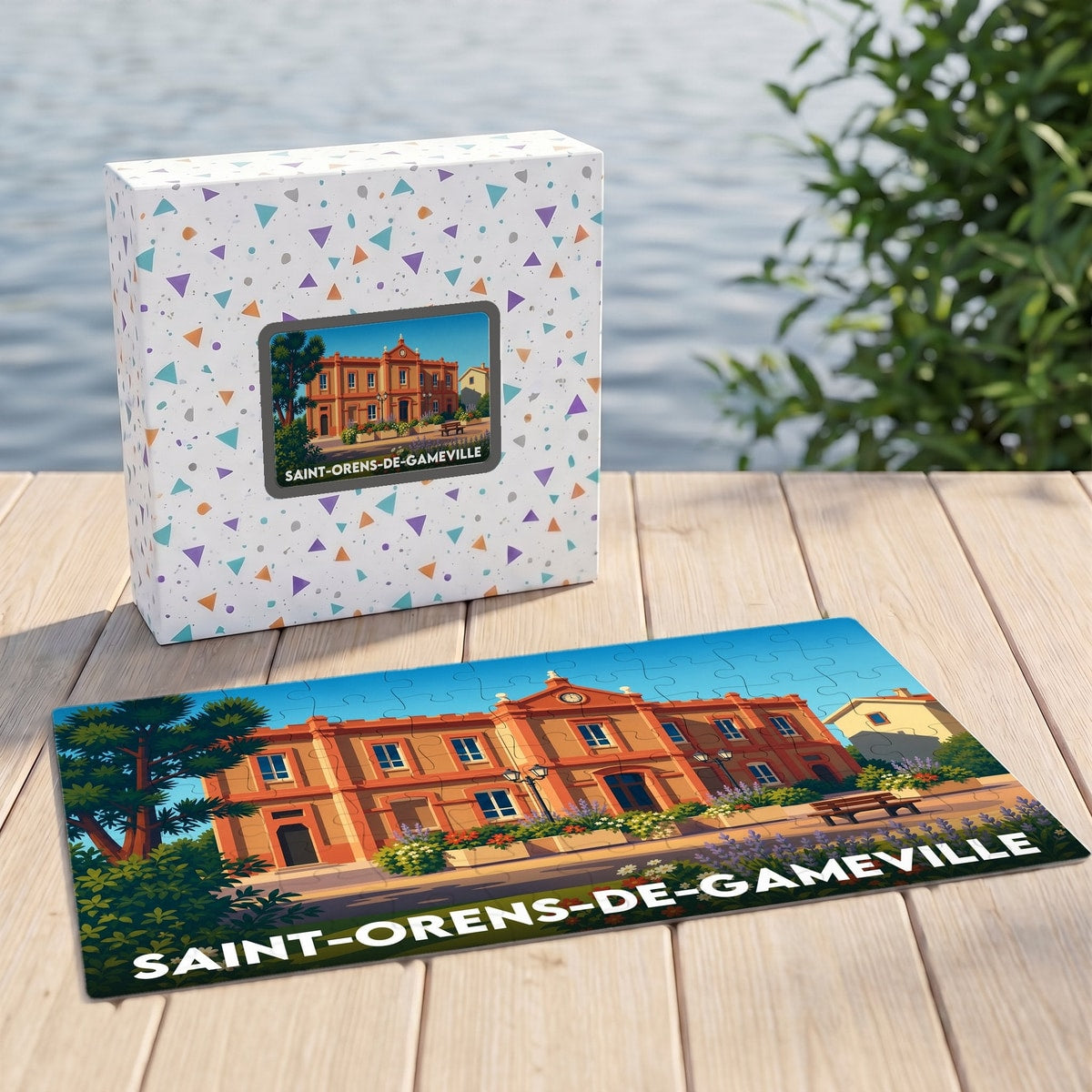 Puzzle souvenir de la ville de Saint-Orens-de-Gameville avec une illustration stylisée de sa mairie.