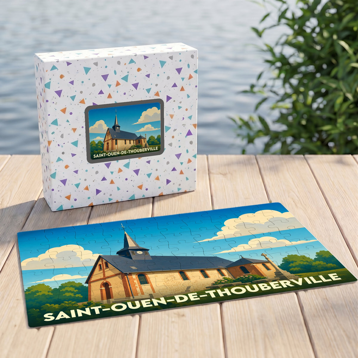 Puzzle souvenir de la ville de Saint-Ouen-de-Thouberville avec une illustration stylisée de son église.