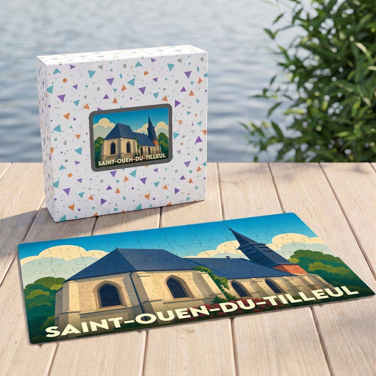 Puzzle souvenir de la ville de Saint-Ouen-du-Tilleul avec une illustration stylisée de son église.