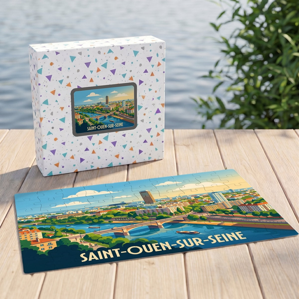 Puzzle souvenir de la ville de Saint-Ouen-sur-Seine avec une illustration stylisée des bords de Seine.