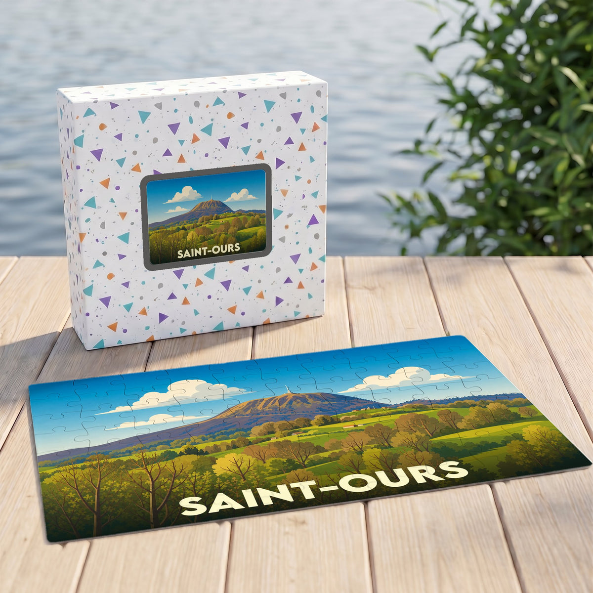 Puzzle souvenir de la ville de Saint-Ours avec une illustration stylisée de son paysage montagneux.