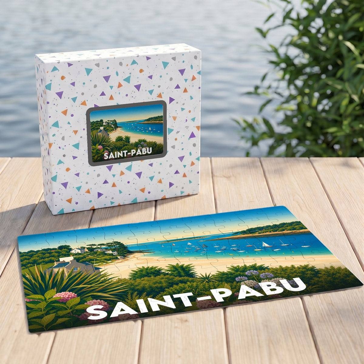 Puzzle souvenir de la ville de Saint-Pabu avec une illustration côtière stylisée.
