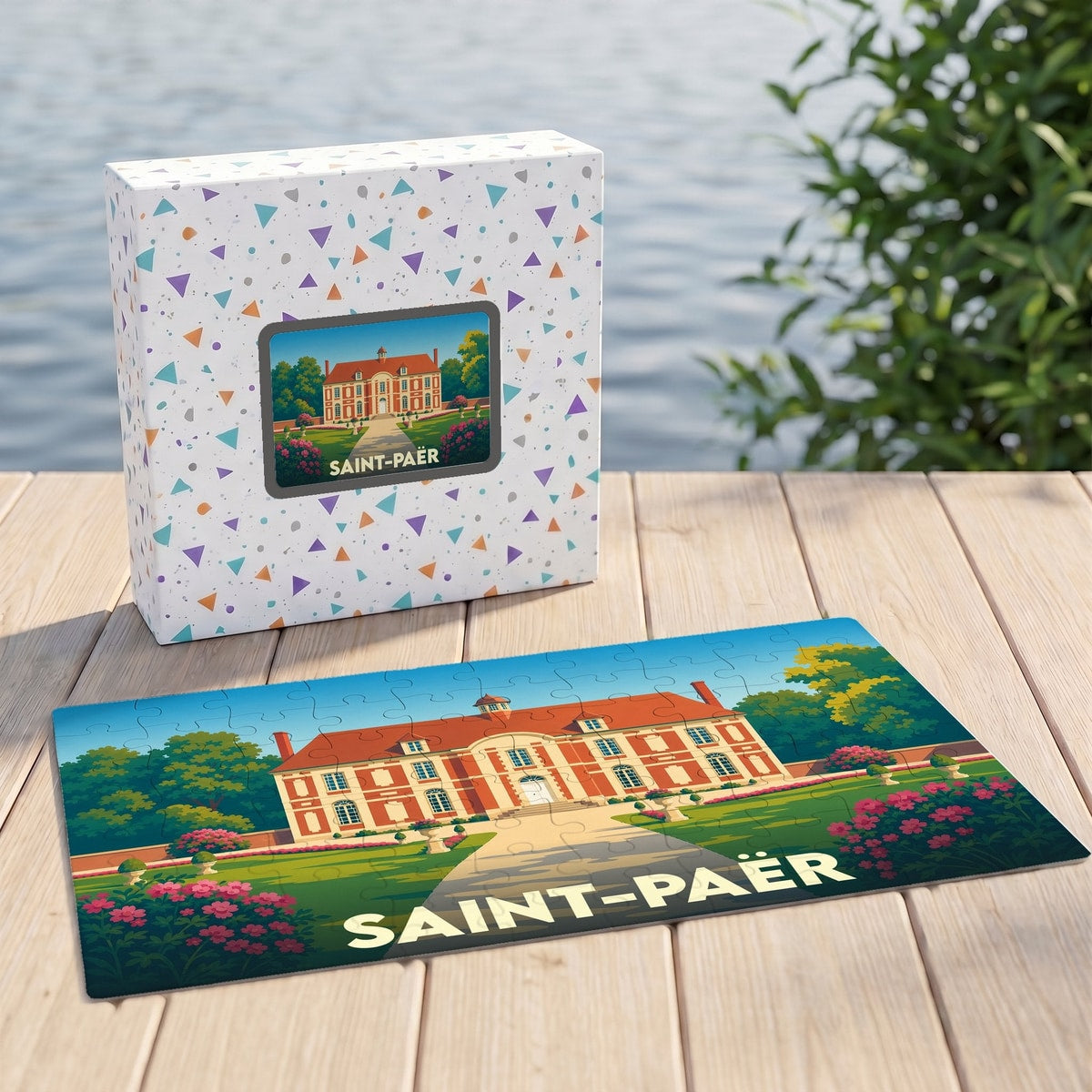 Puzzle souvenir de la ville de Saint-Paër avec une illustration stylisée d'un manoir.