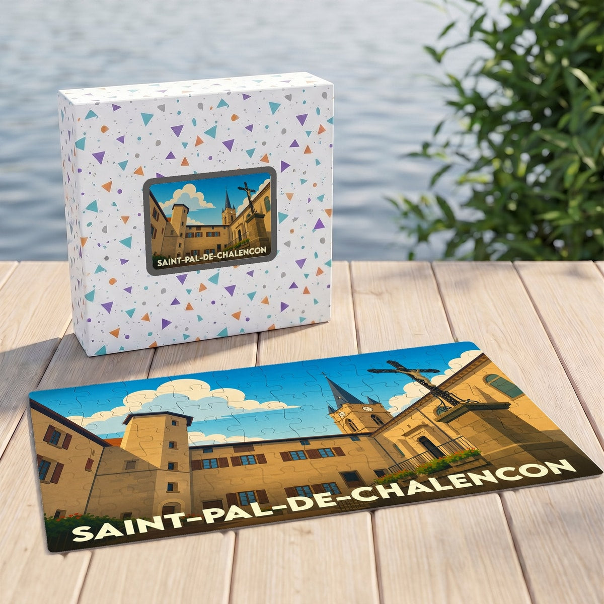 Puzzle souvenir de la ville de Saint-Pal-de-Chalencon avec une illustration stylisée de ses bâtiments historiques.