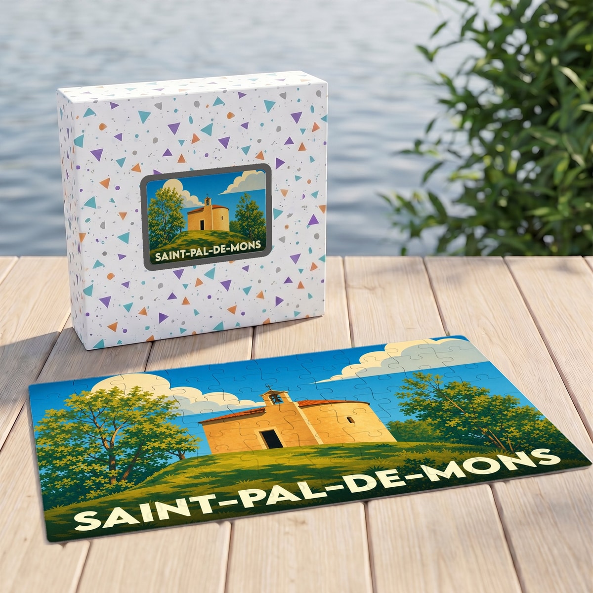 Puzzle souvenir de la ville de Saint-Pal-de-Mons avec une illustration stylisée d'une chapelle sous un ciel bleu.