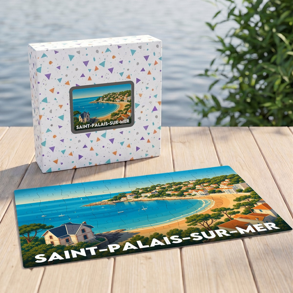 Puzzle souvenir de la ville de Saint-Palais-sur-Mer avec une illustration stylisée de sa côte.