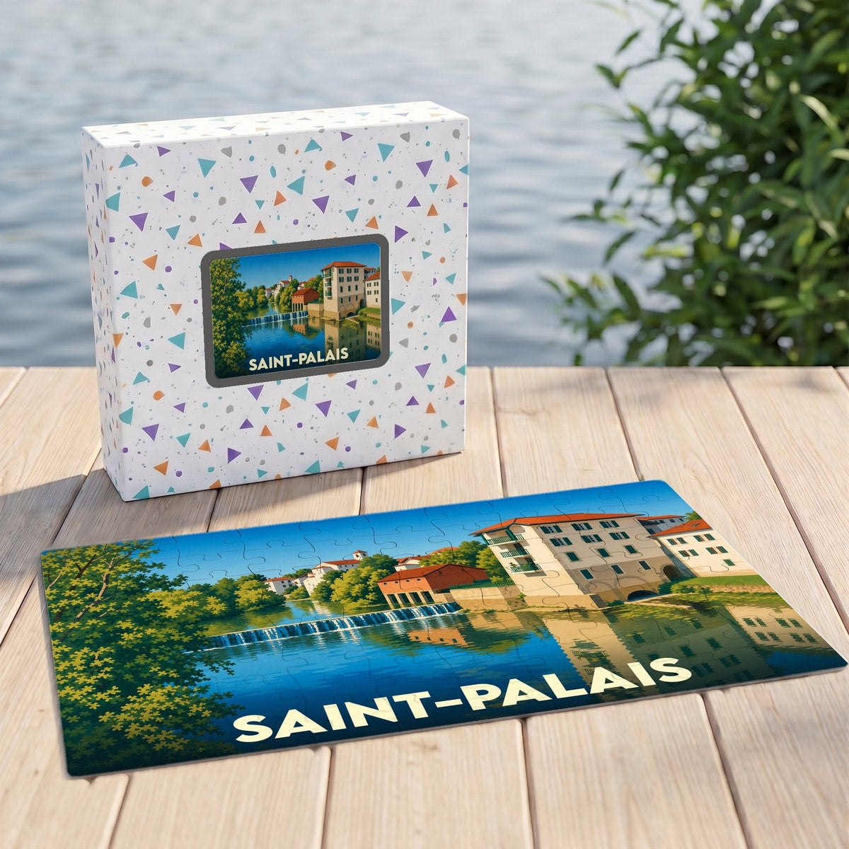Puzzle souvenir de la ville de Saint-Palais avec une illustration stylisée d'un paysage fluvial.